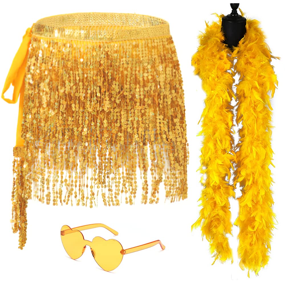 SHENJIPPC Sequin Belly Dance Hip Skirt Tassel Scarf Boho Fringe Rave Skirt with Heart Sunglasses Feather Boas, Gold, One Size Short
