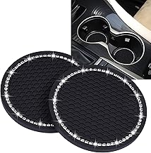 SARTE Car Cup Holder Coaster Universal Silicone Non Slip Pad Interior Decoration Accessory Crystal Bling Embedded Diamond Texture Design Stylish Car Accessories Cup Holder Protector Black Set of 2