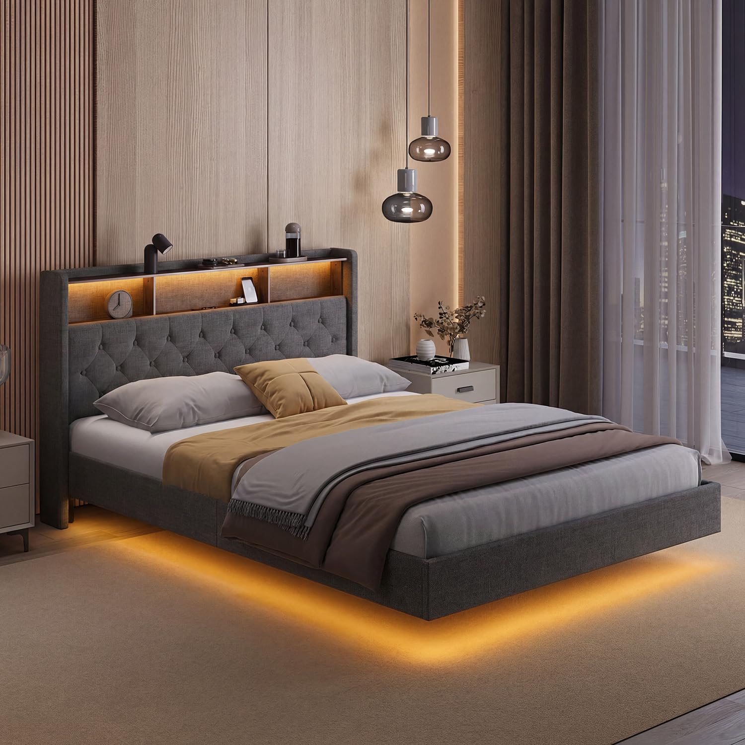 Xbro Letto Matrimoniale 140x200 cm con LED RGB APP, 2 Prese AC, USB e Type-C, Testiera Imbottita con Ripiano Integrato, Letto Fluttuante con Struttura in Metallo e Rete a Doghe,