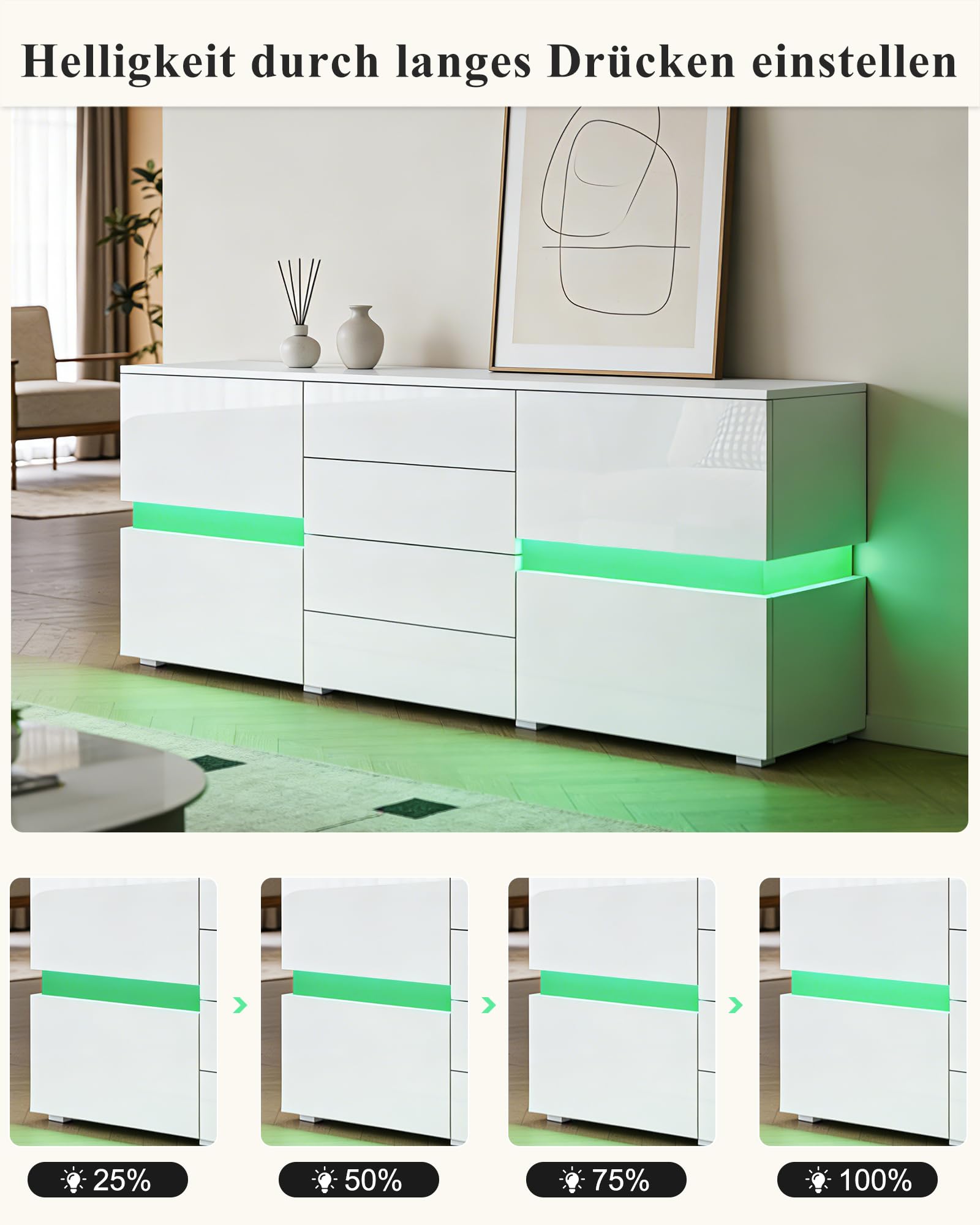 Anrichte Hochglanz Anrichte für Wohnzimmer Modernes Anrichte Schrank Vitrine mit LED Beleuchtung 2 Türen 4 Schubladen Wohnmöbel (Weiß)