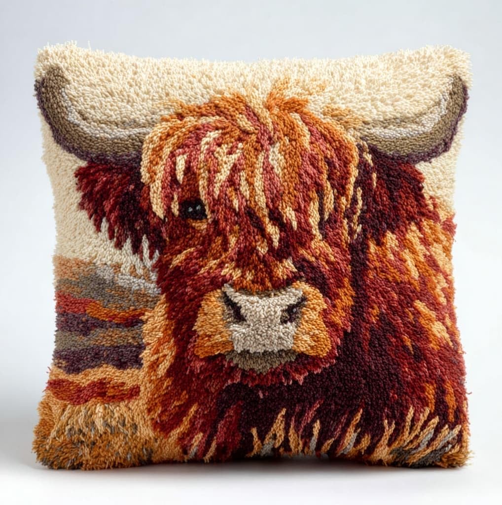 AxiangziK Latch Hook Kits for Adults Beginners 17x17in,Highland Cattle Creative Latch Hook Pillow Kit with Preprinted Canvas for Home Decoration and Present 43x43cm