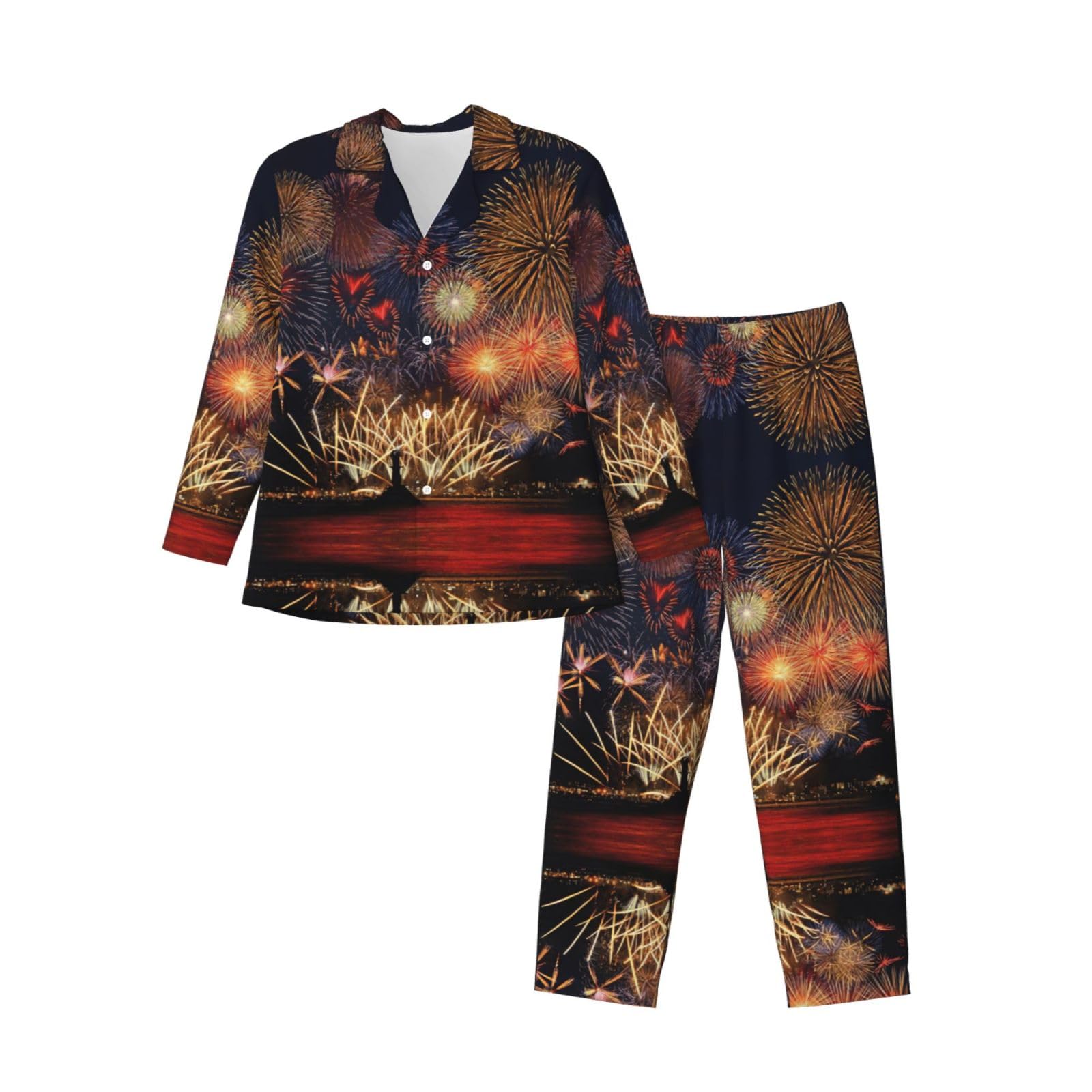 Conjunto de pijama con estampado de fuegos artificiales para hombre, pijama suave de manga larga con botones y bolsillos