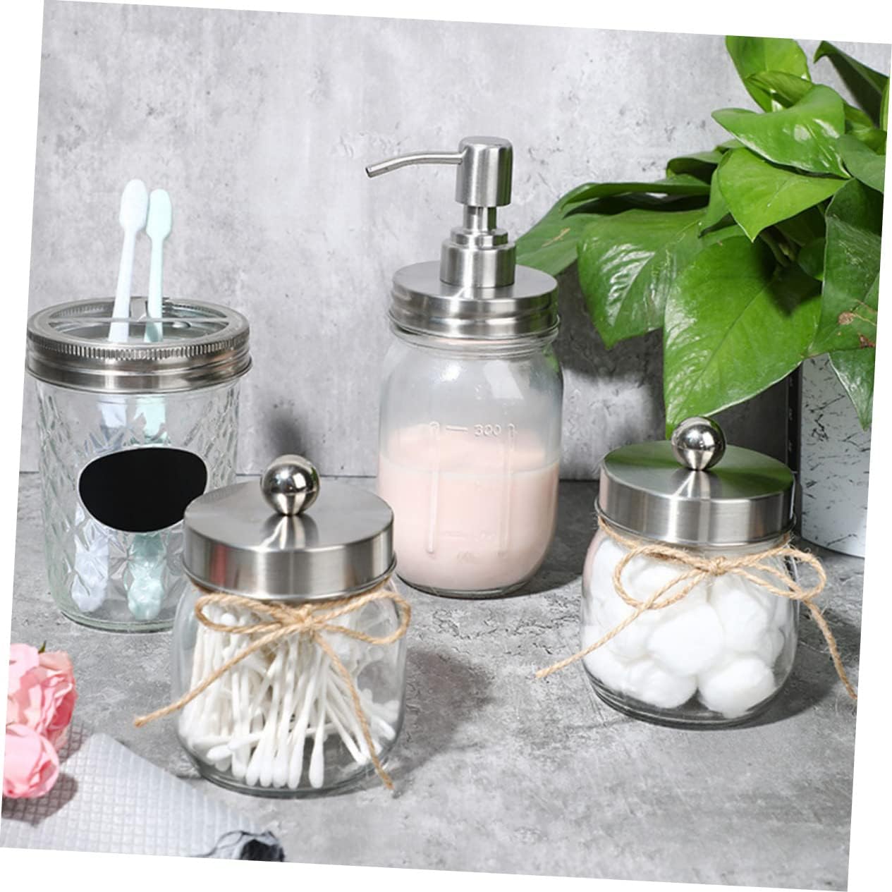 Toothbrush Cup Set Mason Jar Bathroom Accessory Kit Includes Toothbrush Holder and Shower Gel Dispensing Bottles Sleek Silver Design for Home Hotel Use