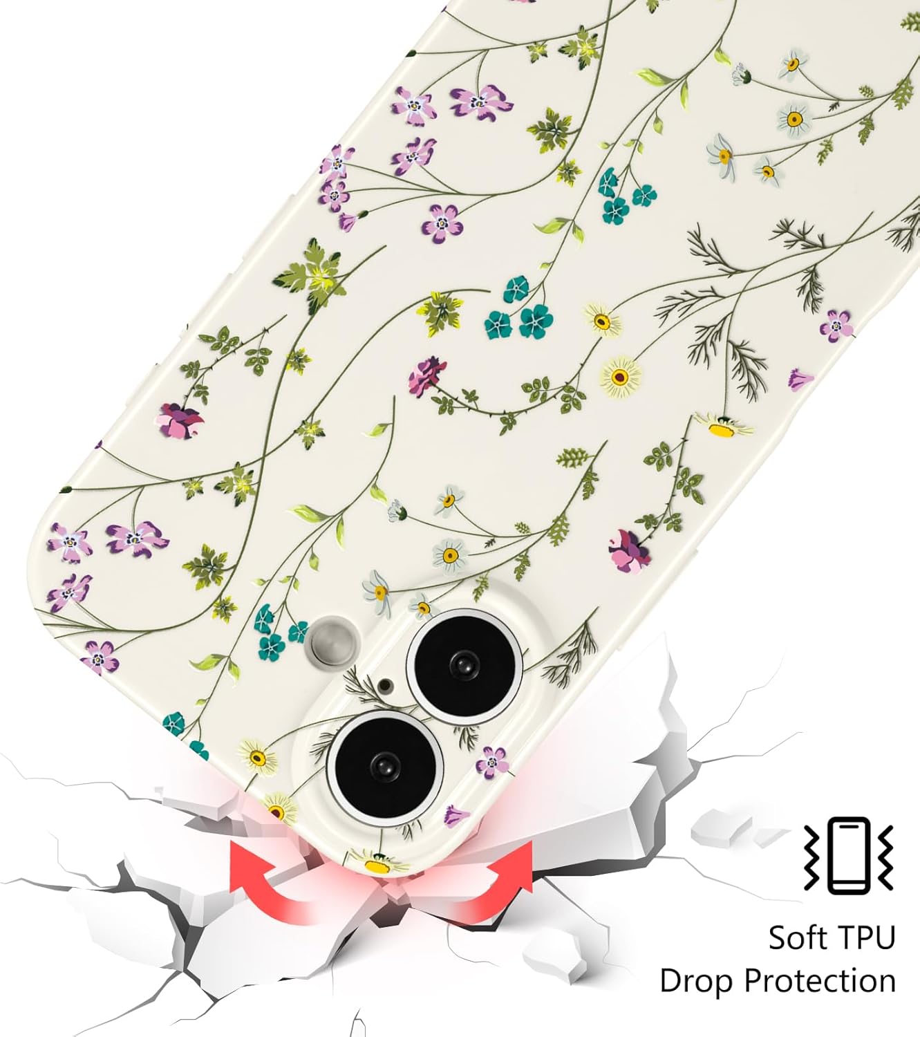 RALEAVO Floral Case for iPhone 16, Flower Branch Pattern Design Cute Cover Case for Girls Women Slim Thin Soft Silicone Shockproof Anti-Slip Phone Case for iPhone 16 (6.1"),Beige - Image 3