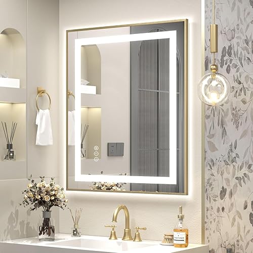 Miniatura 20 de OKPAL 50x30 Espejo de baño LED con marco negro, espejo iluminado para tocador de baño, iluminación frontal y trasera, regulable, antivaho, 3 Negro