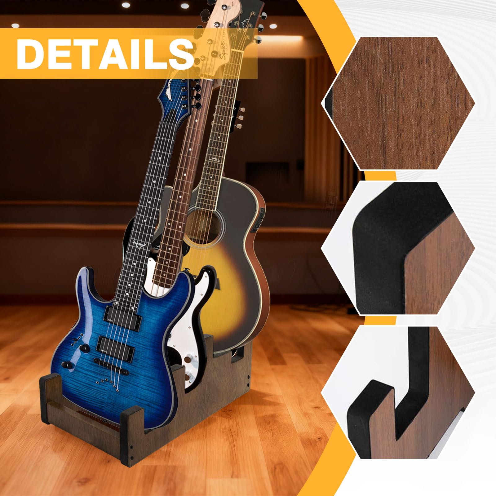 Soporte de madera para guitarra, soporte para guitarra de tres niveles, soporte de suelo para guitarra eléctrica, guitarra acústica/bajo, soporte para instrumentos musicales para estudio