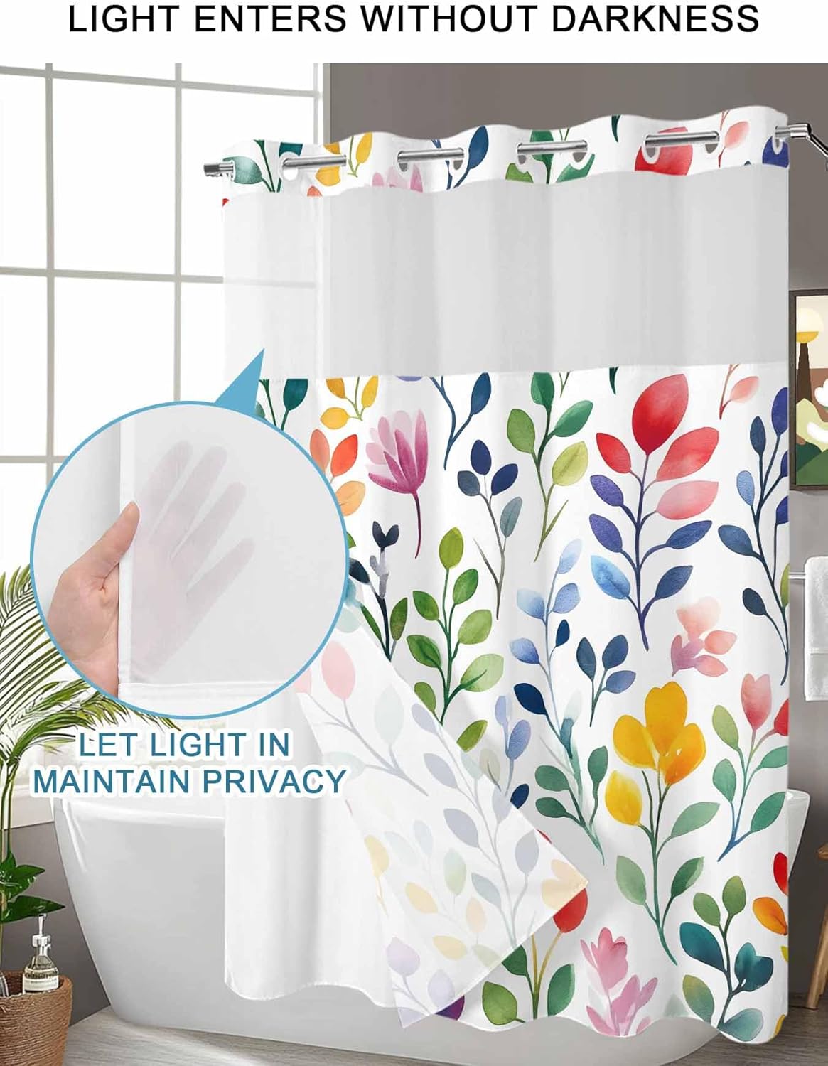 Teamery No Hook Shower Curtain with Snap in Liner, Easter Spring Watercolor Colorful Leaves Curtain Set See-Through Top Double Layers Fabric Shower Curtains Abstract Art for Bathroom Decor, 60x72in