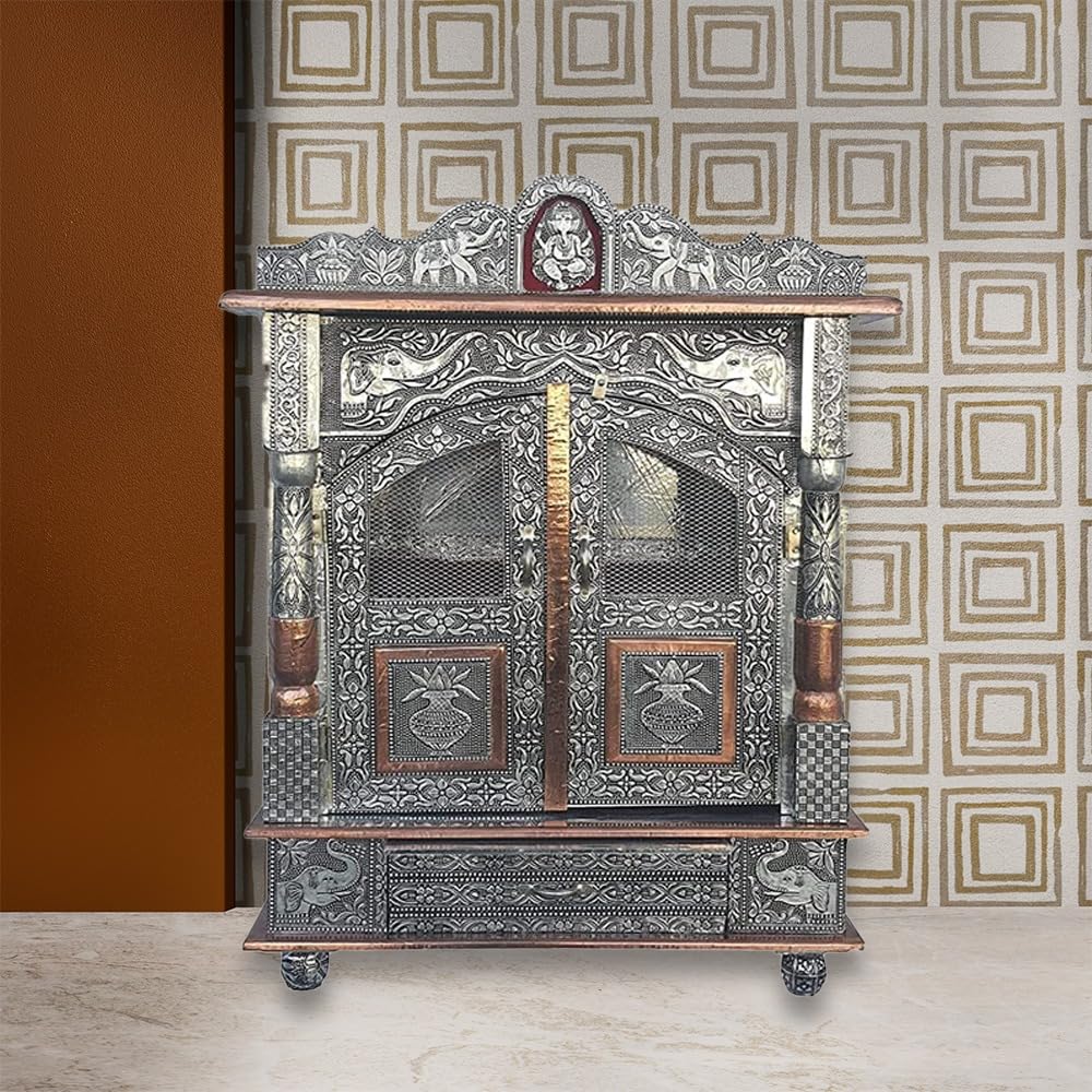 Handicrafts Home Temple | Pooja Mandir do domu, stojak boga do domu, stojak Pooja | mandir do biura | mandir do domu, montowany na ścianie, duży, świątynia do domu, mandir 23 x 45 cm, srebrny