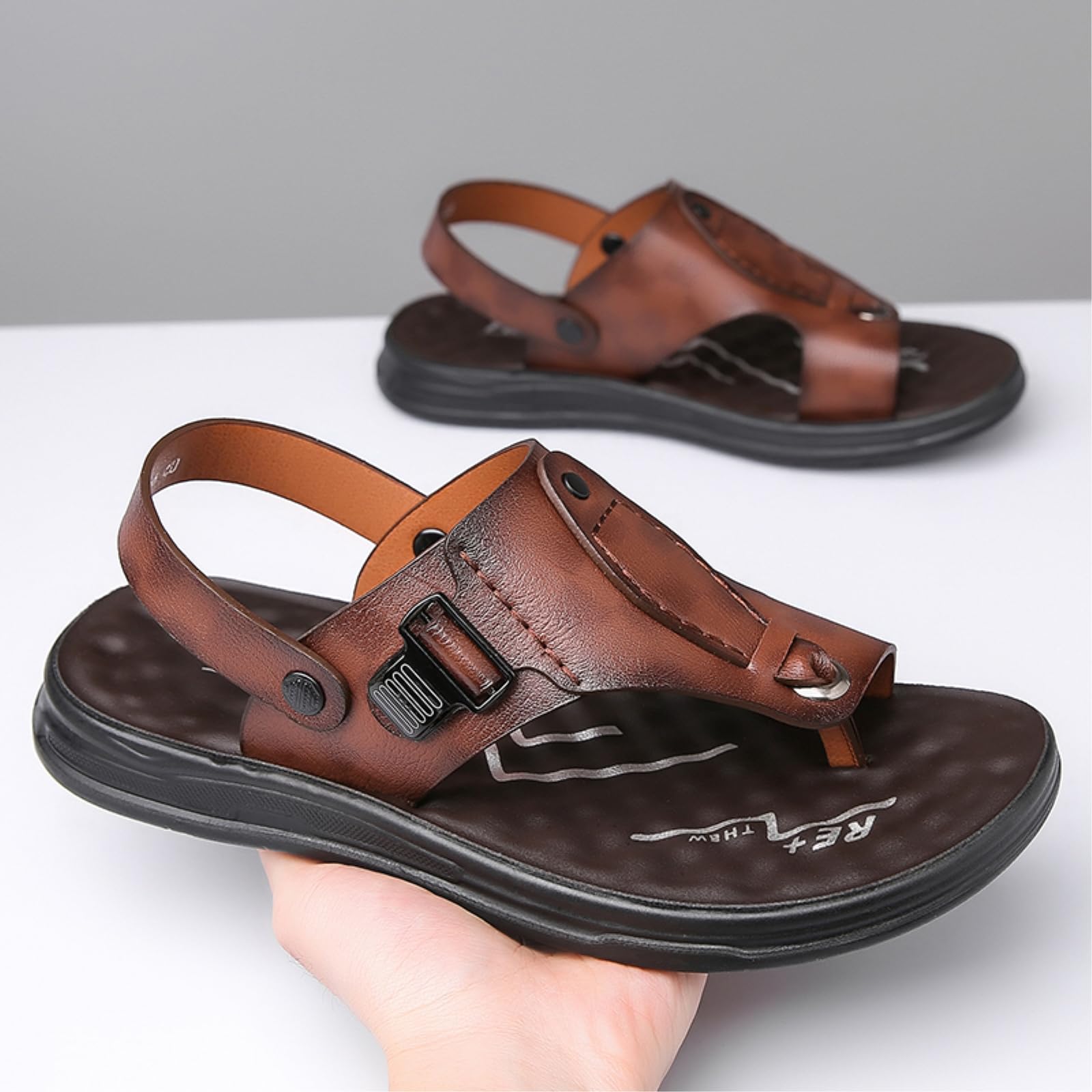 Infradito Sandali da Uomo Regolabili A Due Indossamenti in Pelle, Flip Flops Versatili per Uso Casual E Quotidiano-black-46