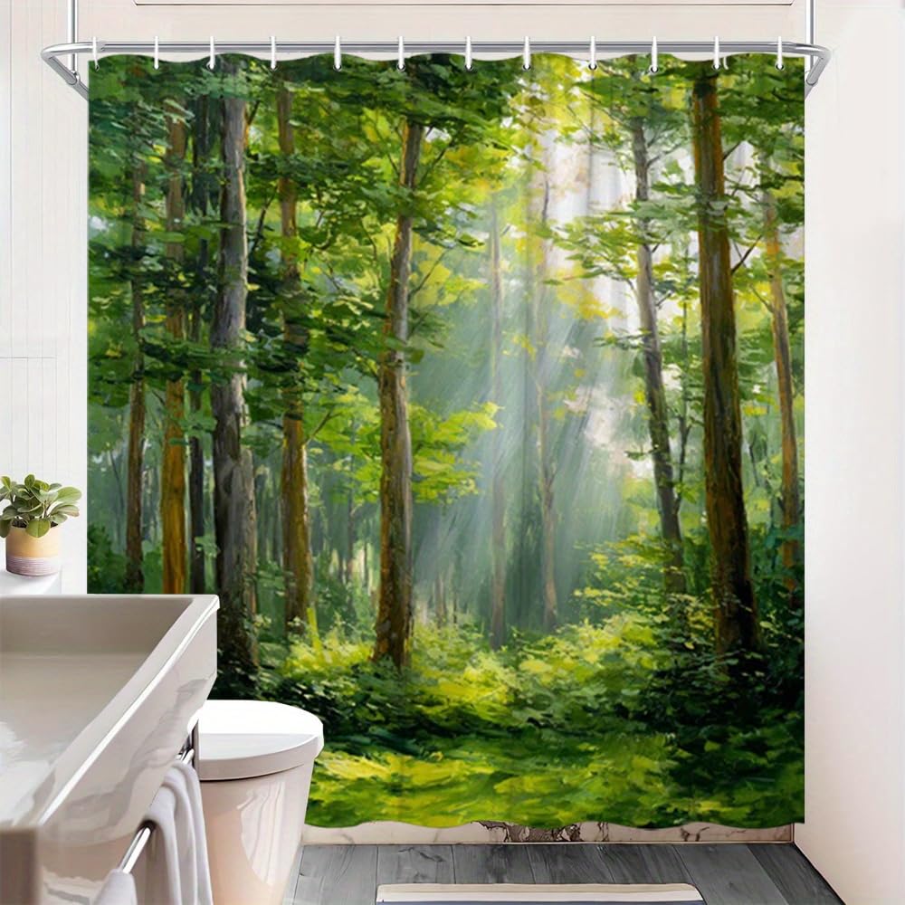 GLWDMB 1 Piece 180x180CM Green Forest Printed Shower Curtain With Hook, Polyester, for Windows And Walls, Bathtub, Bathroom, Machine Washable, All Season Universal