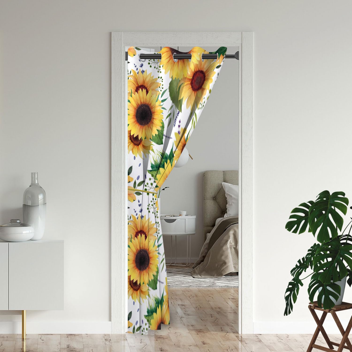 Sunflower Door Curtains for Doorways, Rustic Summer Hand Drawn Floral Yellow Blackout Curtain for Kids Bedroom Closet, Grommet Thermal Insulated Privacy Door Drapes for Room Divider, 34