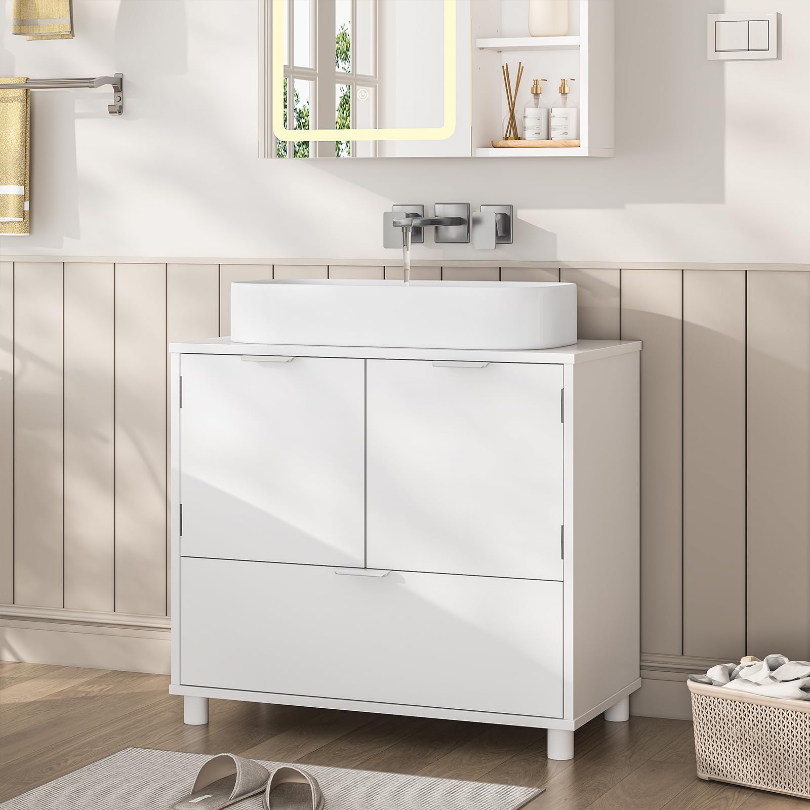 Waschbeckenunterschrank, Badezimmerschrank mit 2 Türen, große Schublade, viel Stauraum, Badezimmer Unterschrank Waschtischunterschrank Badschrank weiß,30 x 60 x 60 cm
