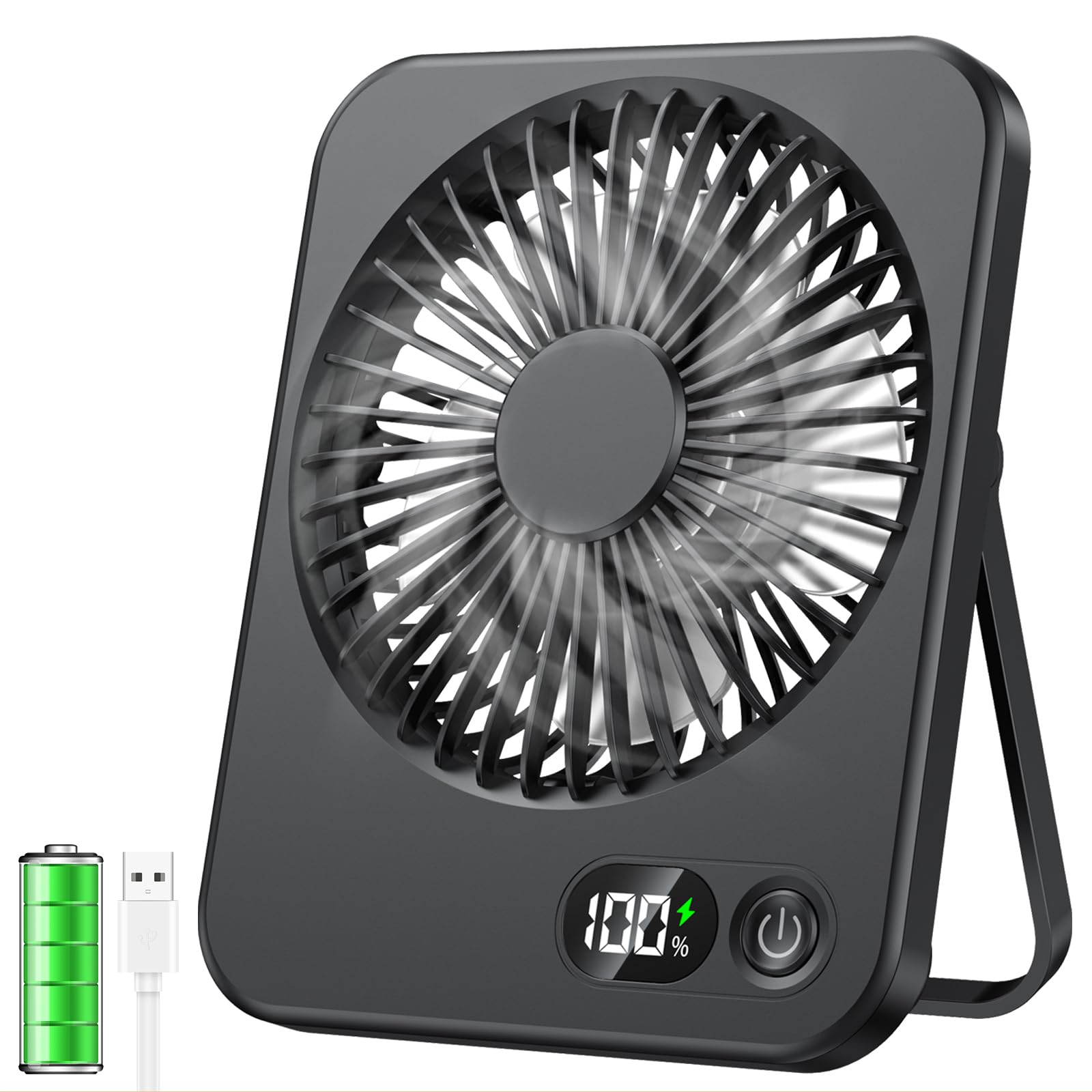 Ventilateur de Bureau Mini USB Portable Petit Ventilateur de Table Rechargeable avec Écran LCD 2500mAh Batterie Silencieux 5 Vitesses pour Bureau Maison Camping(Noir)