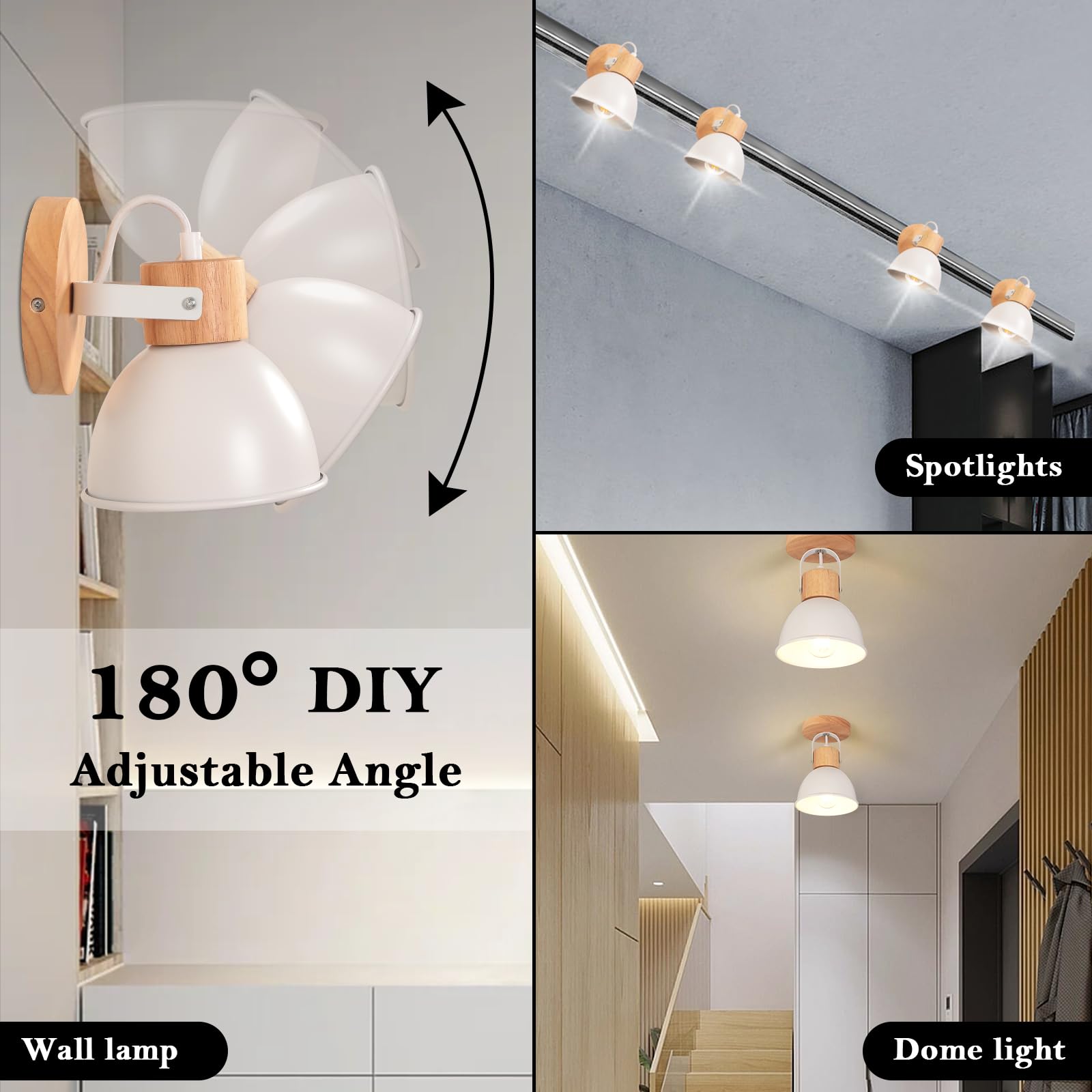 iDEGU Applique Murale Interieure Spot LED 15cm Rétro Lampe Murale Insustrielle en Bois Fer Design Vintage Luminaire Réglable Lustre Plafonnier E27 Éclairage Mural pour Chambre Cuisine Salon(Blanc Mat)