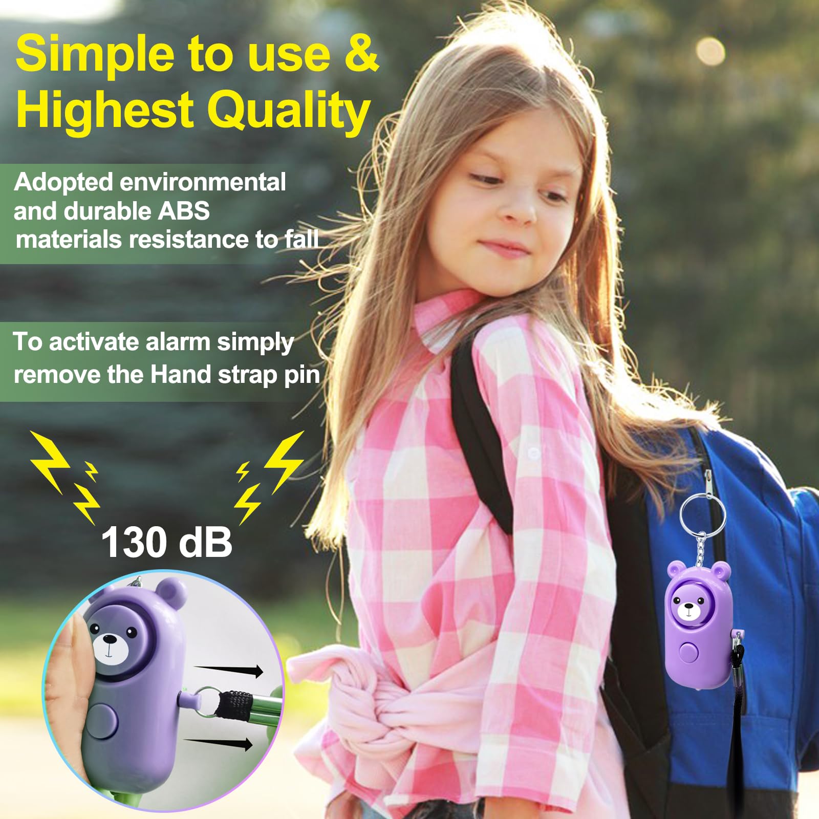 Portachiavi con allarme personale, 130 dB, autodifesa, per donne, ragazze, bambini, anziani, multifunzione, con luce LED, simpatica sirena portatile di sicurezza (viola)