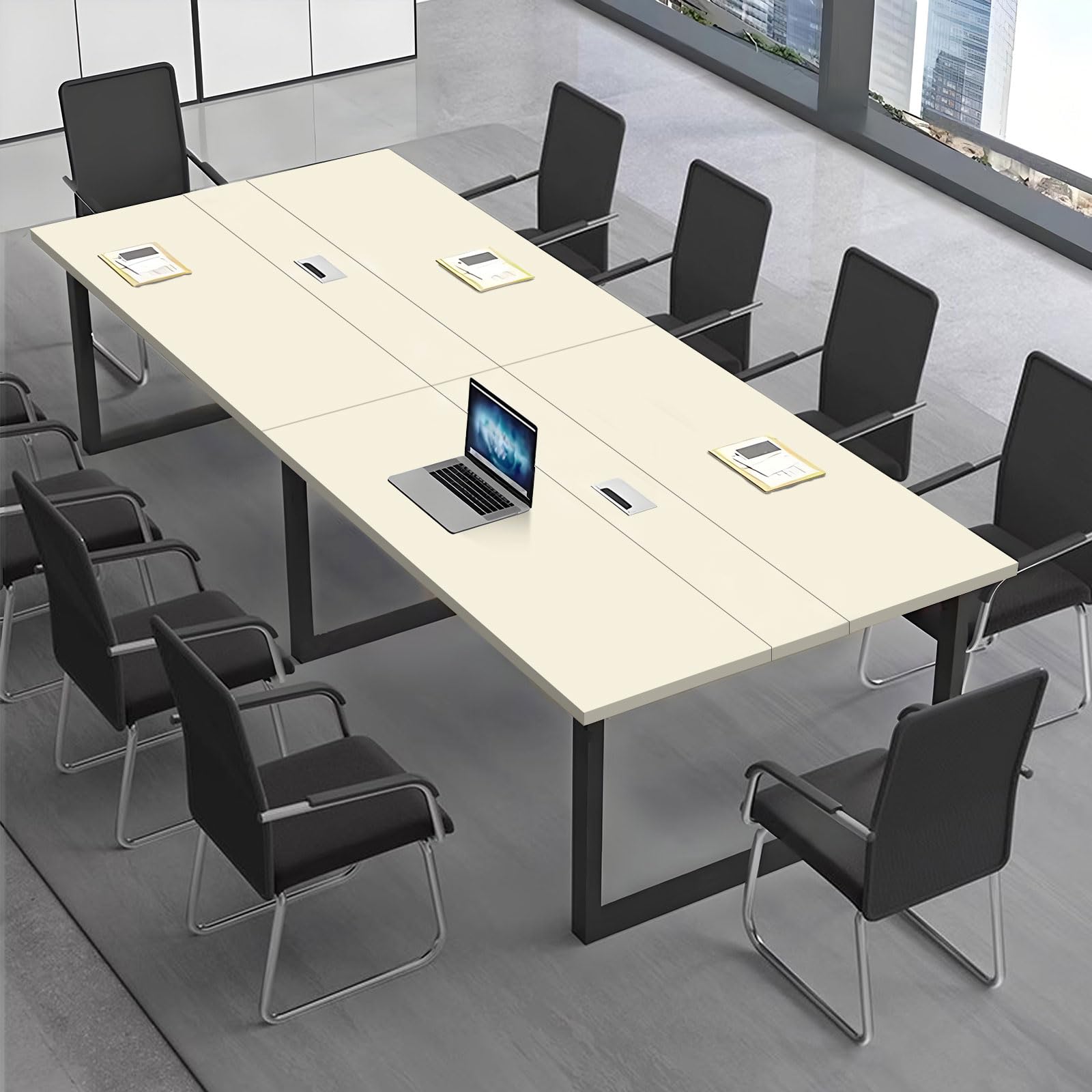Table de conférence moderne pour 8 à 12 personnes - Table de réunion élégante avec gestion des câbles - Table de séminaire en bois pour bureau et salle de conférence - Cadre en métal noir