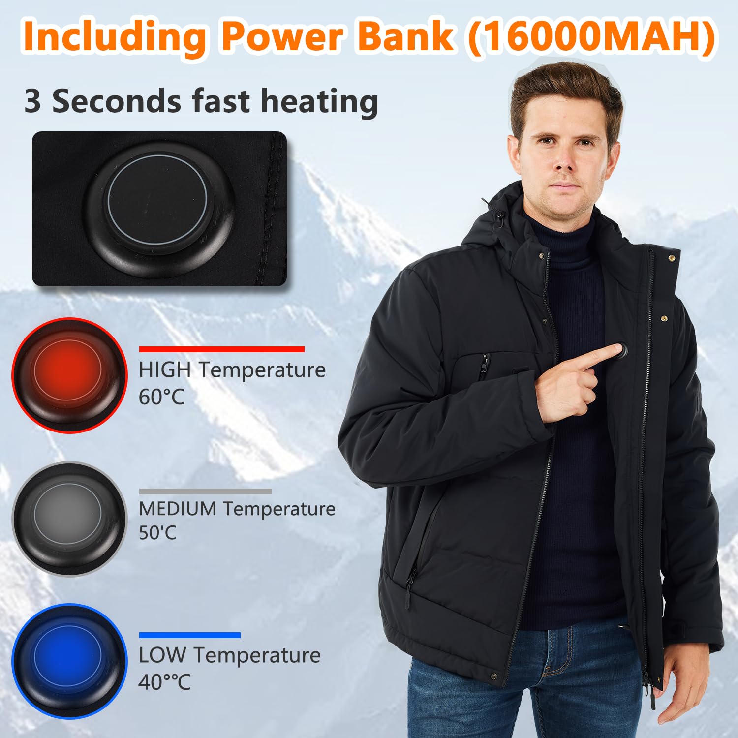 Chaqueta Calefactable Impermeable con Capucha para Hombre y Mujer Esquí Motocicleta S Negro
