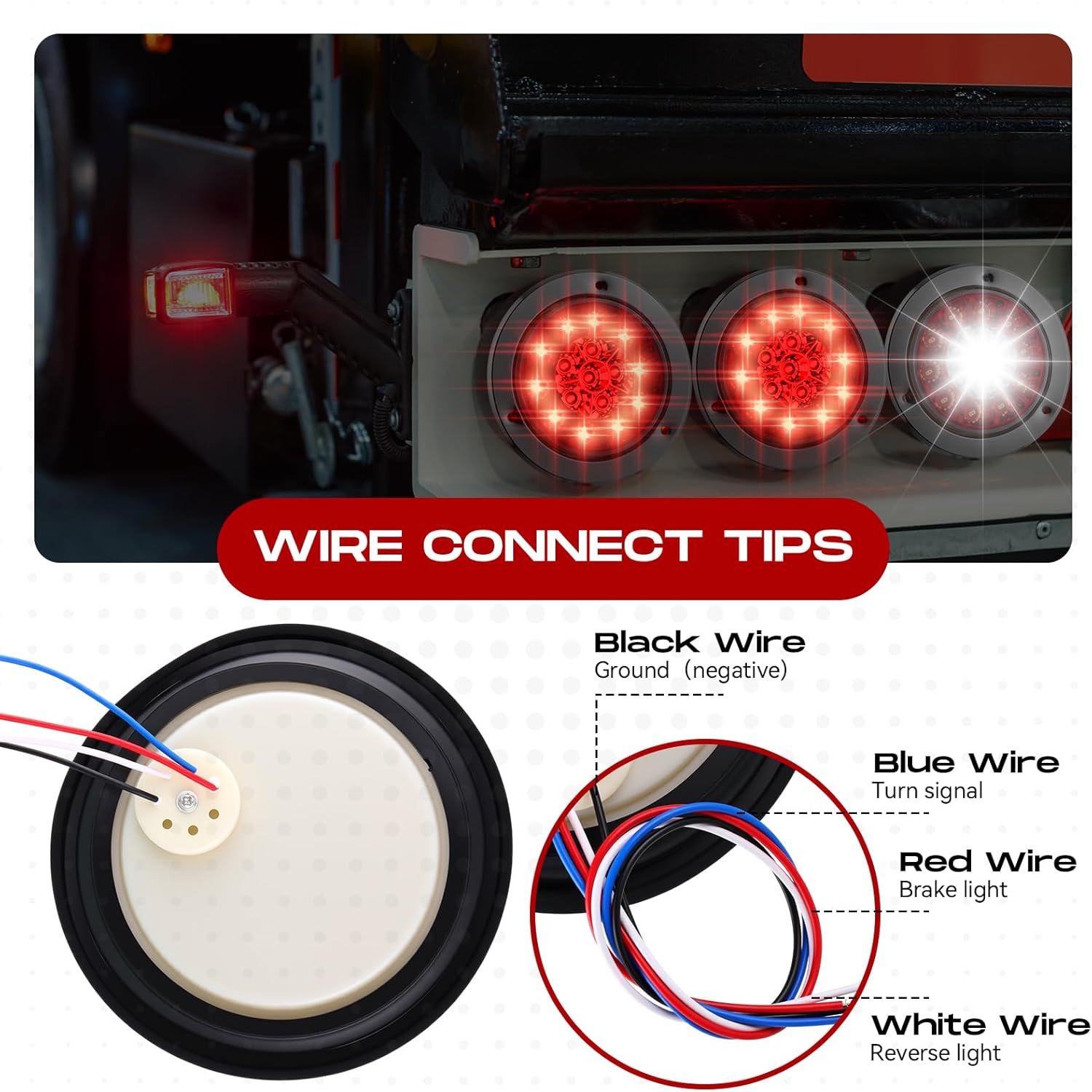 Riakrum 12 Pcs 4 Inch Round LED Trailer Tail Lights 16 LEDs Waterproof Stop Turn Brake Backup Reverse Running Lights with Rubber Grommet Sealed Round Red White LED Lamps for Trailer Truck RV (Classic)