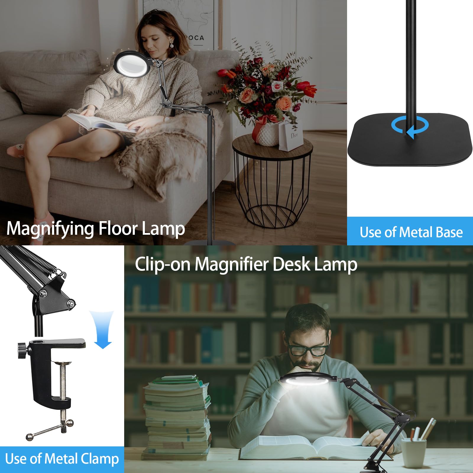Lupa de suelo con luz y soporte, 12 lupas flexibles con 54 LED, 5 modos de color regulable sin niveles, con manos libres, lupa iluminada para leer, coser, manualidades, trabajo fino