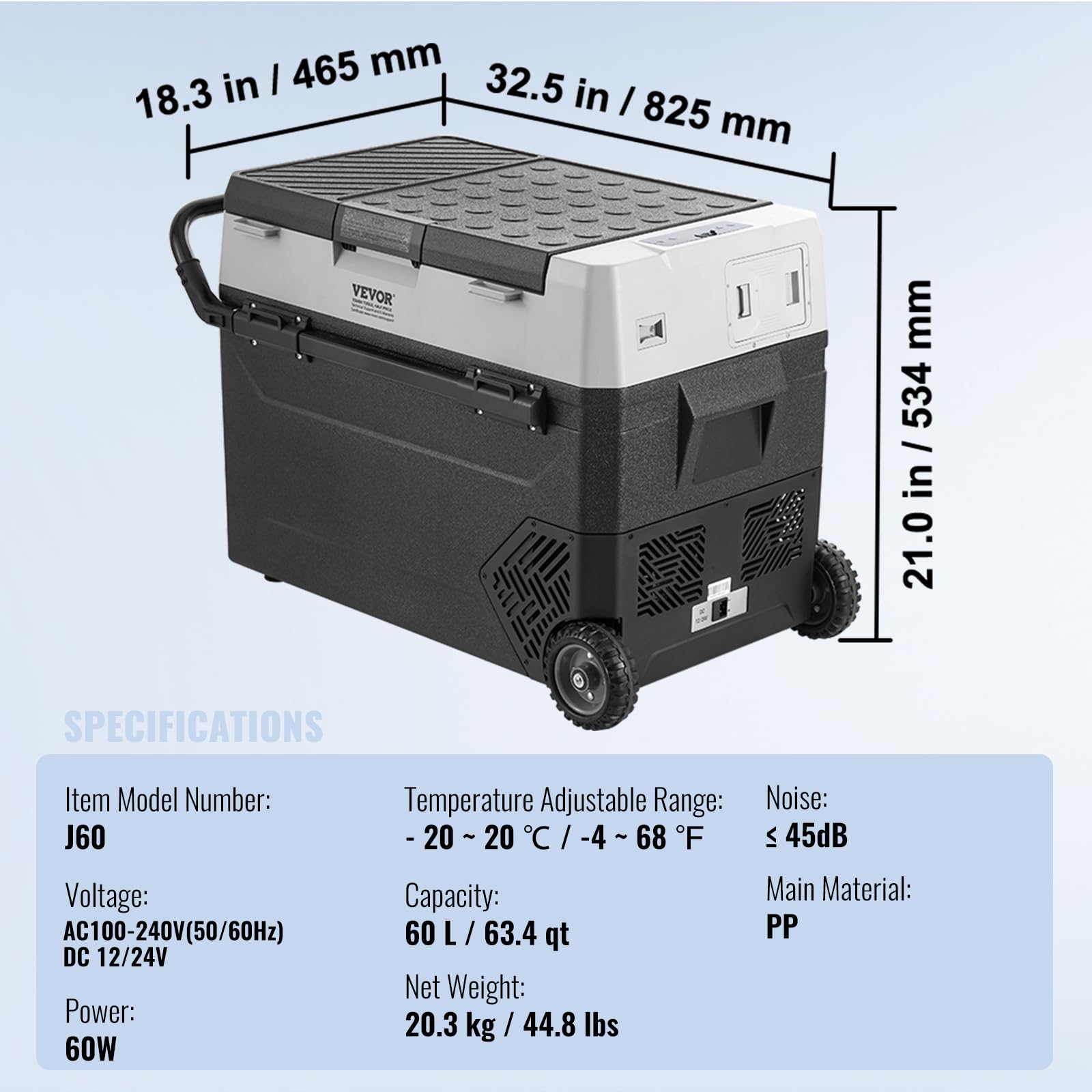VEVOR Przenośna lodówka samochodowa, lodówka 12 V, przenośna zamrażarka pojedyncza strefa 60 l, regulowana temperatura - 20~20 ℃, chłodnica sprężarkowa do domu, na zewnątrz, do kampera, samochodu