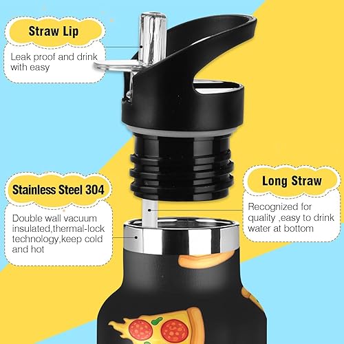 Miniatura 3 de Kids Water Bottle with Straw 20 Oz Water Bottle Insulated for Boys Girls, BPA-Free, Cartoon Slices Pizza Black