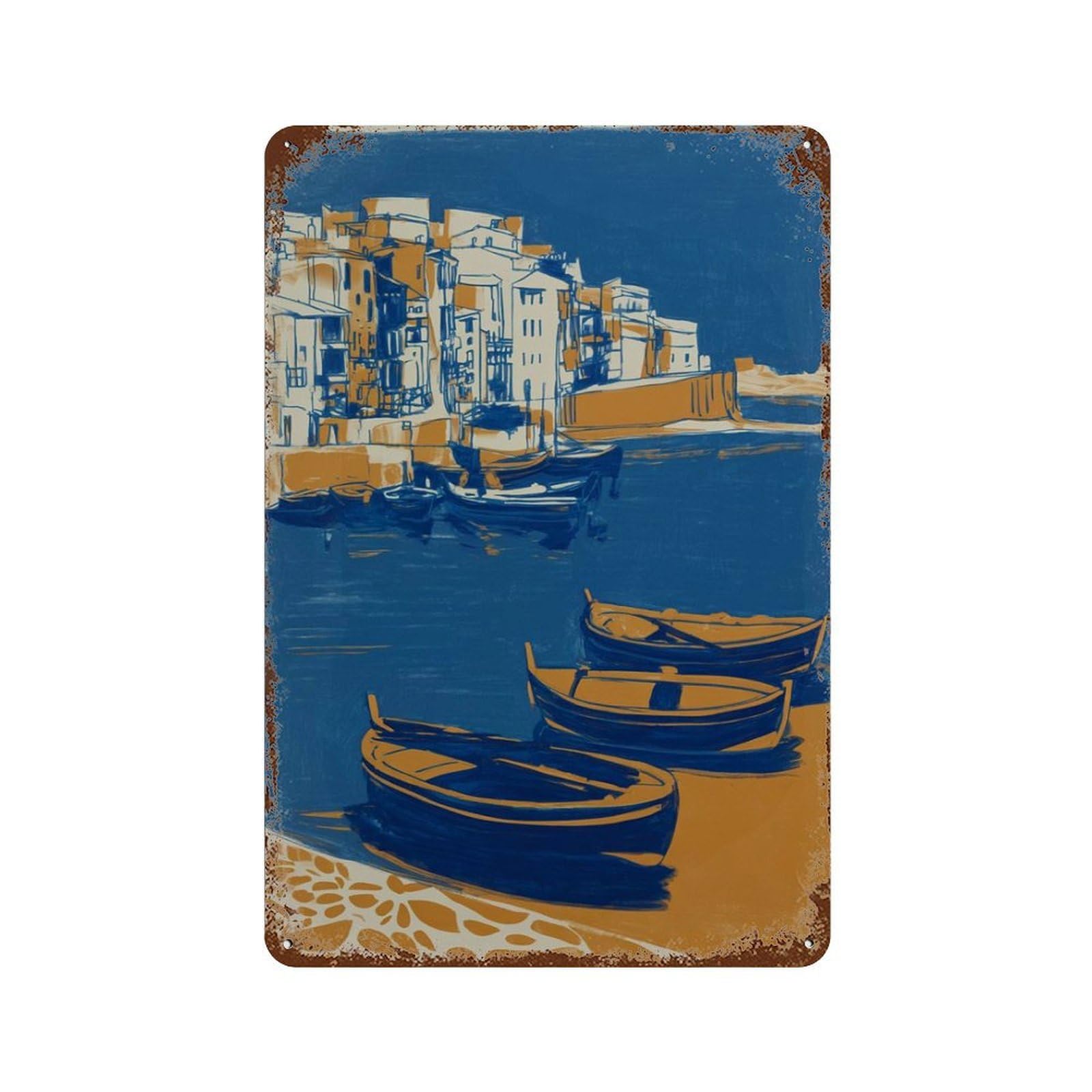 xiaoxiaoshen Coastal Harbour Boats Mediterranean Modern Living Room Or Kitchen Wall Decor Art Metal Tin Poster Modern Home Decor Art Home Bar Shop Decorations Vintage Sign 30x20cm
