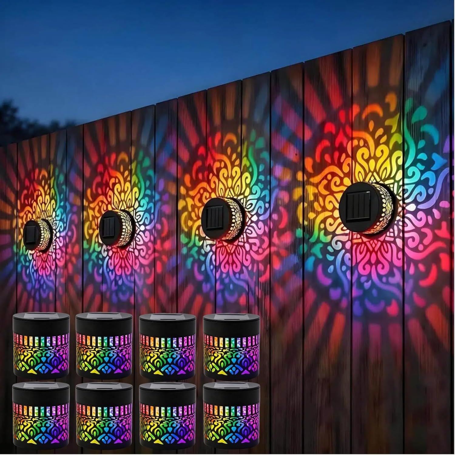 Solar Mandala Wall Light, 7‑Color Changing Outdoor Decorative Projection Lamp, Outdoor Garden Fence Projector Lamp, Waterproof Metal Fence Light for Garden Backyard Yard Patio (8, Color Change)