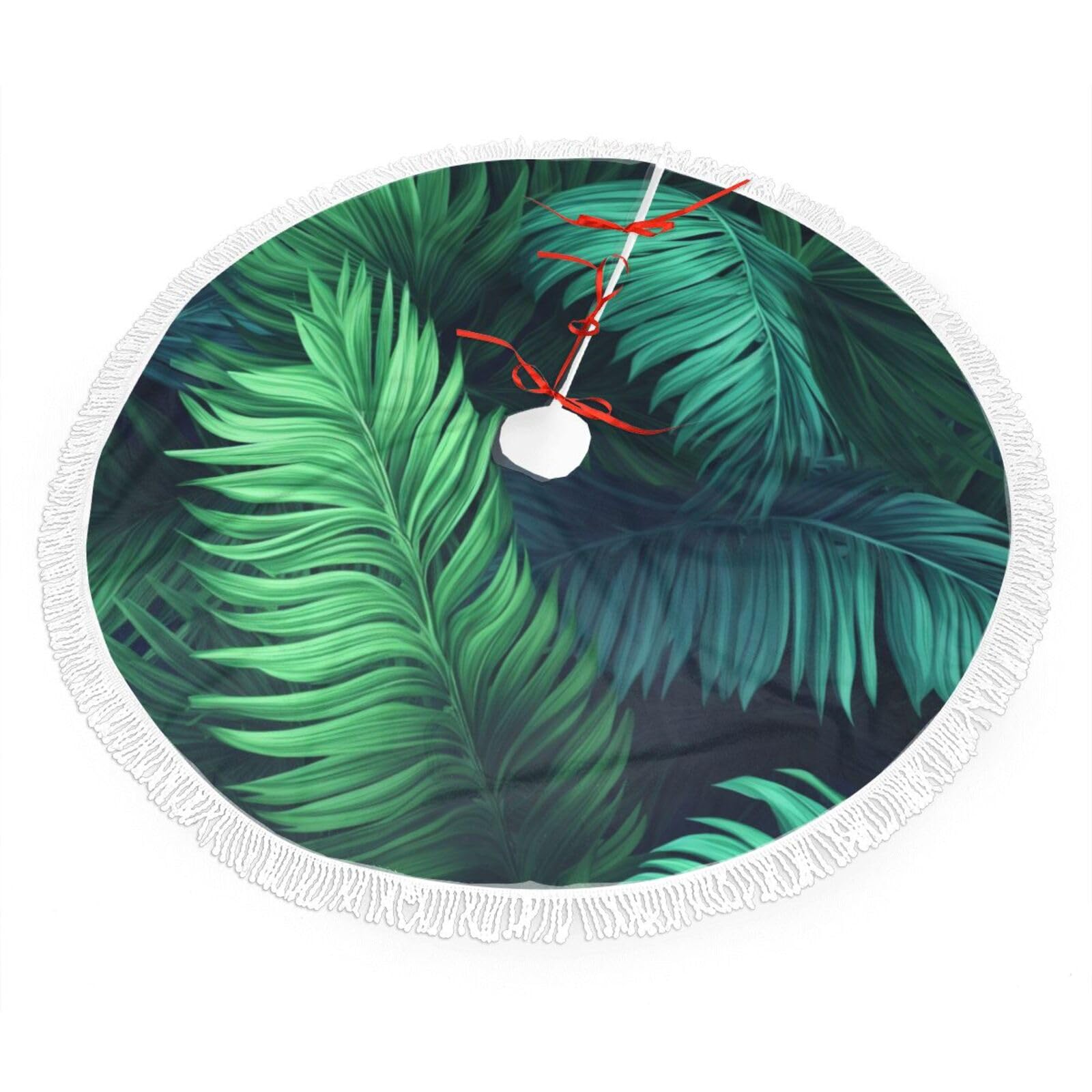 Tropical Palm Leaves Christmas Tree Skirt 36", Soft Plush Xmas Tree Carpet with Tassel Christmas Ornaments Winter Holiday Tree Mat Decoration for Home Party Supplies