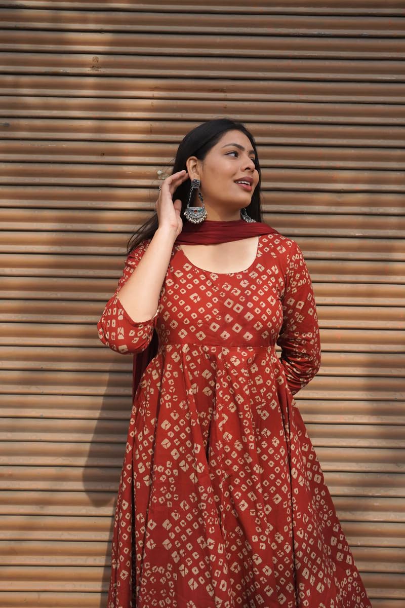 ANNI DESIGNER Bandhej Anarkali Kurta Ensemble de 3 pièces en coton mélangé pour femme, marron et bleu Palace & Dupatta Ensemble de vêtements ethniques, vêtements festifs | Ensemble Kurta imprimé par