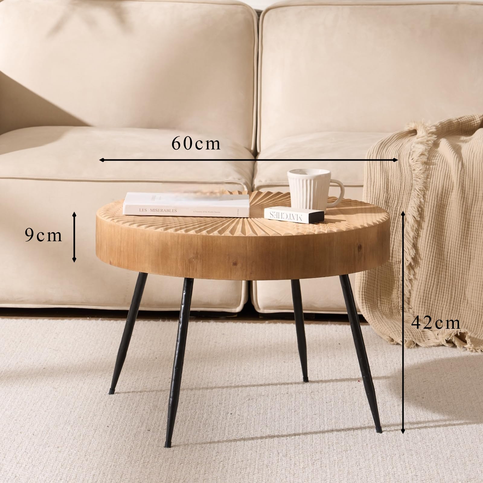 Beistelltisch Rund Holz, 60×42cm Großer Coffee Table | linearem design, schwarzen metallbeinen, fur wohnzimmer, massivholzfurnier, holzfarbe, kleiner couchtisch, handgefertigt