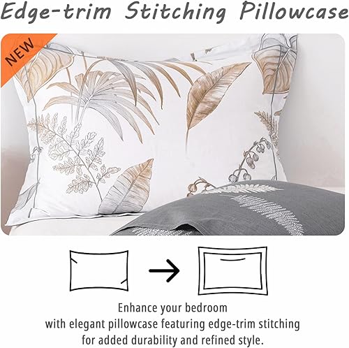 Miniatura 4 de Juego de edredón floral de algodón natural de 3 piezas - Edredón gris con ramas marrón y hojas grises sobre blanco, juego de ropa de cama reversible