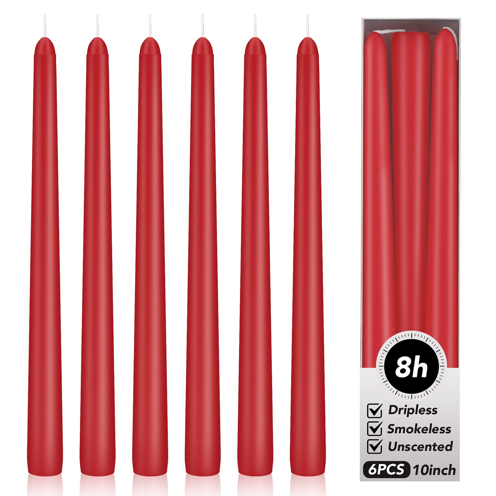 KORCCI Taper Candles 10 Inch - Long Candles, 8 Hours Long Burning, Smokeless &amp; Unscented &amp; Dripless, for Weddings, Birthdays, Dinner Parties, Rituals, Prayer, Birthdays, Meditation (Red)