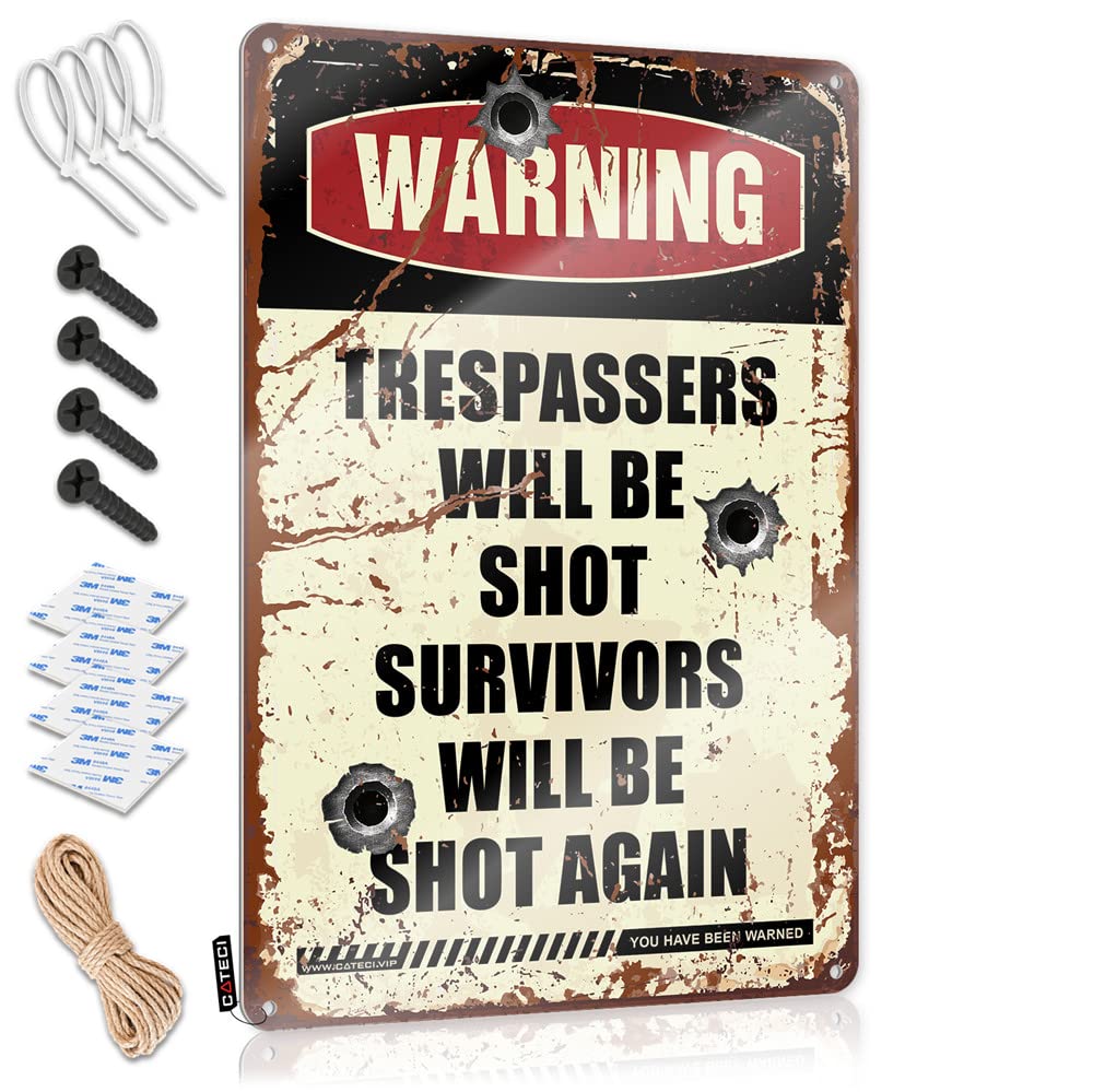 Bar Open Metal Sign Warning Trespassers Will Be Shot Survivors Will Be Again Tin Sign Little Man Cave Sign Bar Metal Sign Decor(20X30CM)