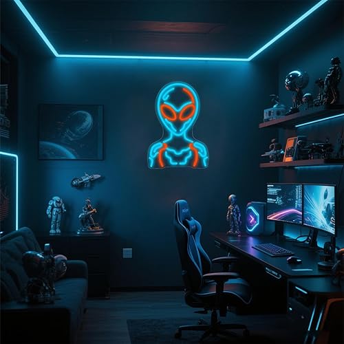 Miniatura 3 de Cartel de neón Cyber Alien - Arte de pared LED azul y naranja para sala de juegos, dormitorio adolescente, decoración de fiesta de ciencia ficción,