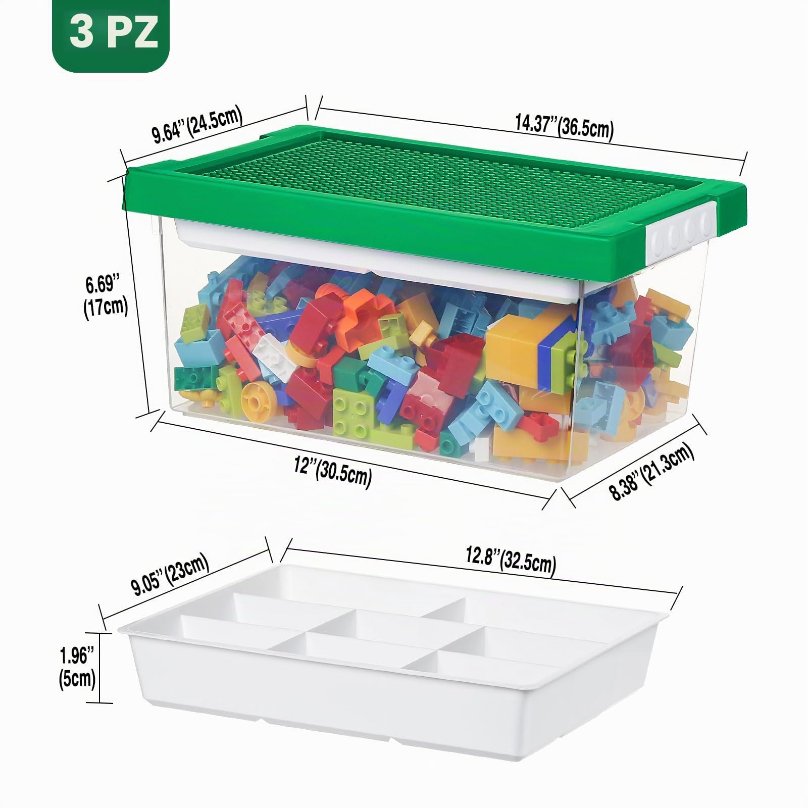 Greentainer Set di 3 contenitori portaoggetti in plastica impilabili con vassoio rimovibile, contenitori per giocattoli per bambini con coperchio per piastra di base, contenitore per mattoni da