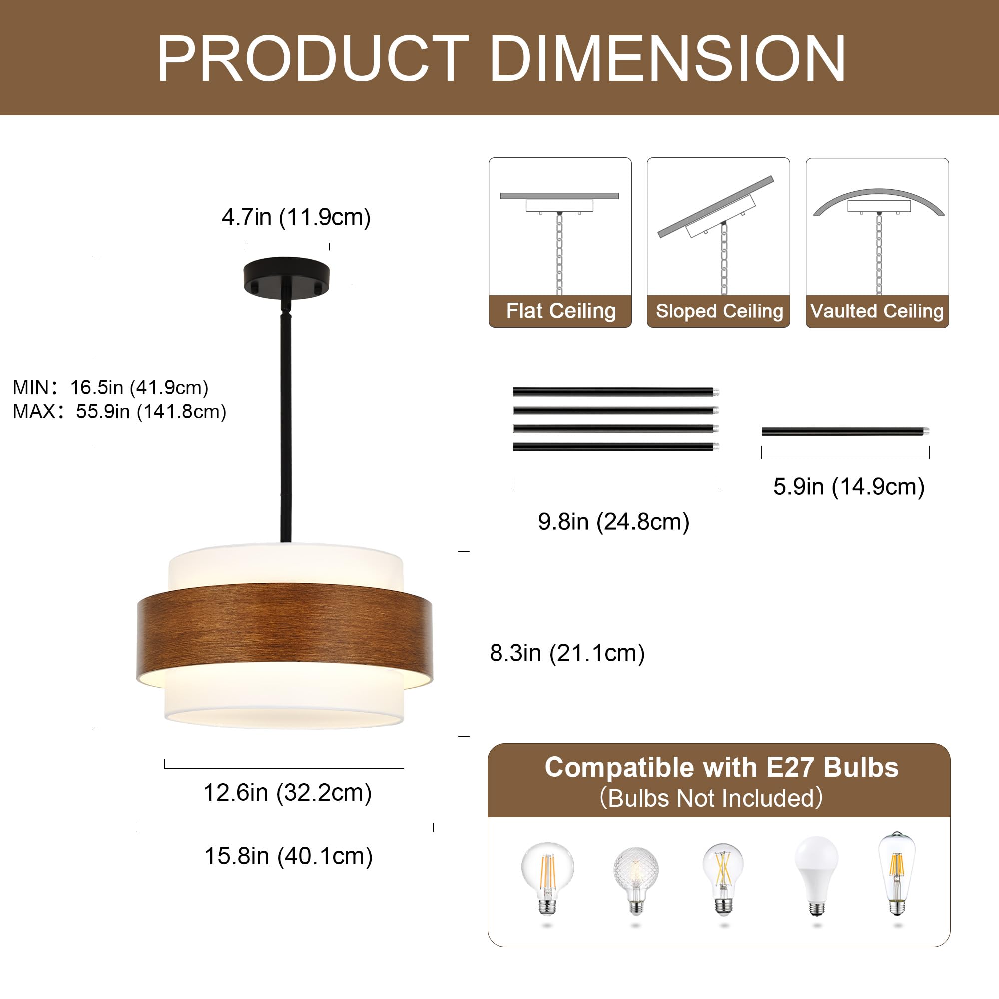 Lustre Teinte Bois, Lustre Moderne à 4 Lumières Rond en Forme de Tambour