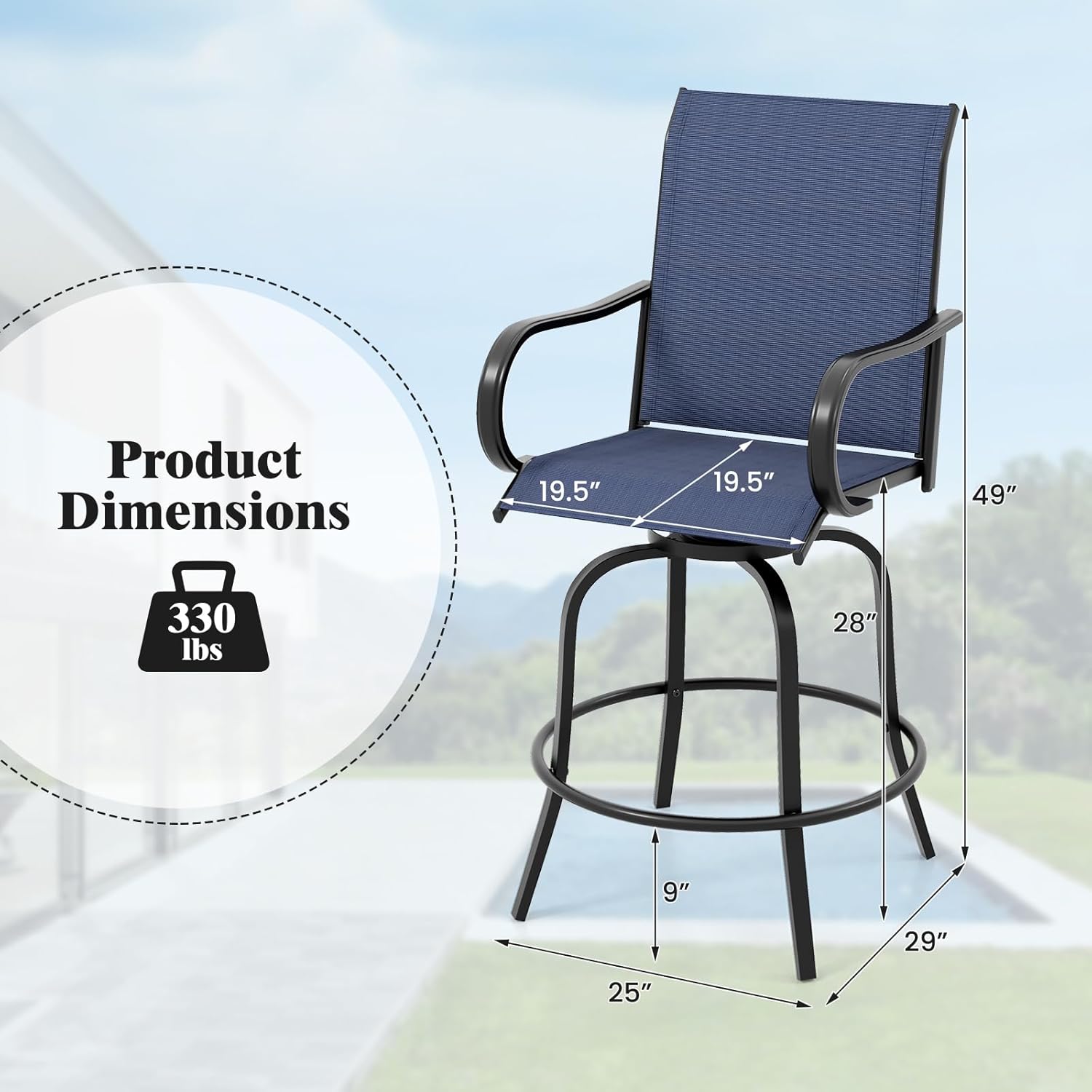 Tangkula Outdoor Swivel Bar Stools Set of 2, Bar Height Tall Patio Chairs with Armrests & High Back, Cozy Footrest & Solid Metal Support, High Top Bar Chairs for Backyard, Balcony, Poolside (1, Navy)