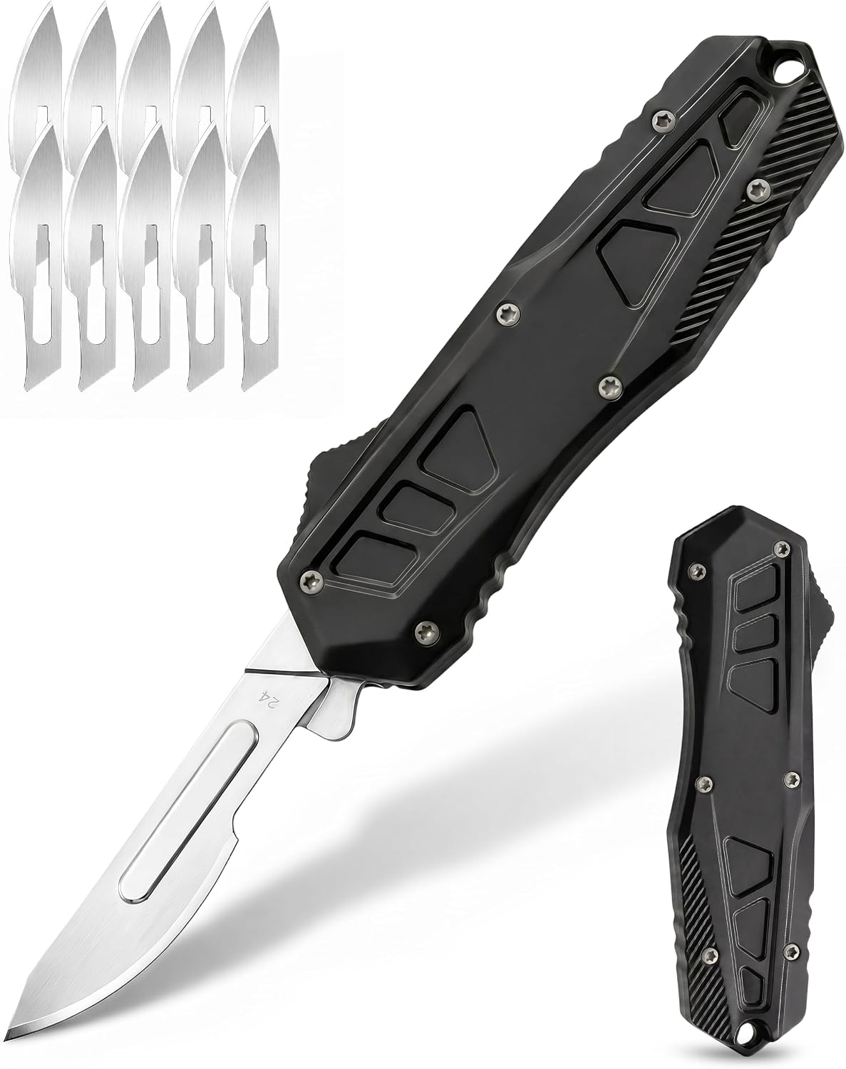 Retractable Utility Knife with 10 PCS #24 Replacement Blades, One-Button Precision Box Cutter, Portable All-Metal Craft Knife for Cardboard, Package Opening, Leather, DIY, Office & Warehouse