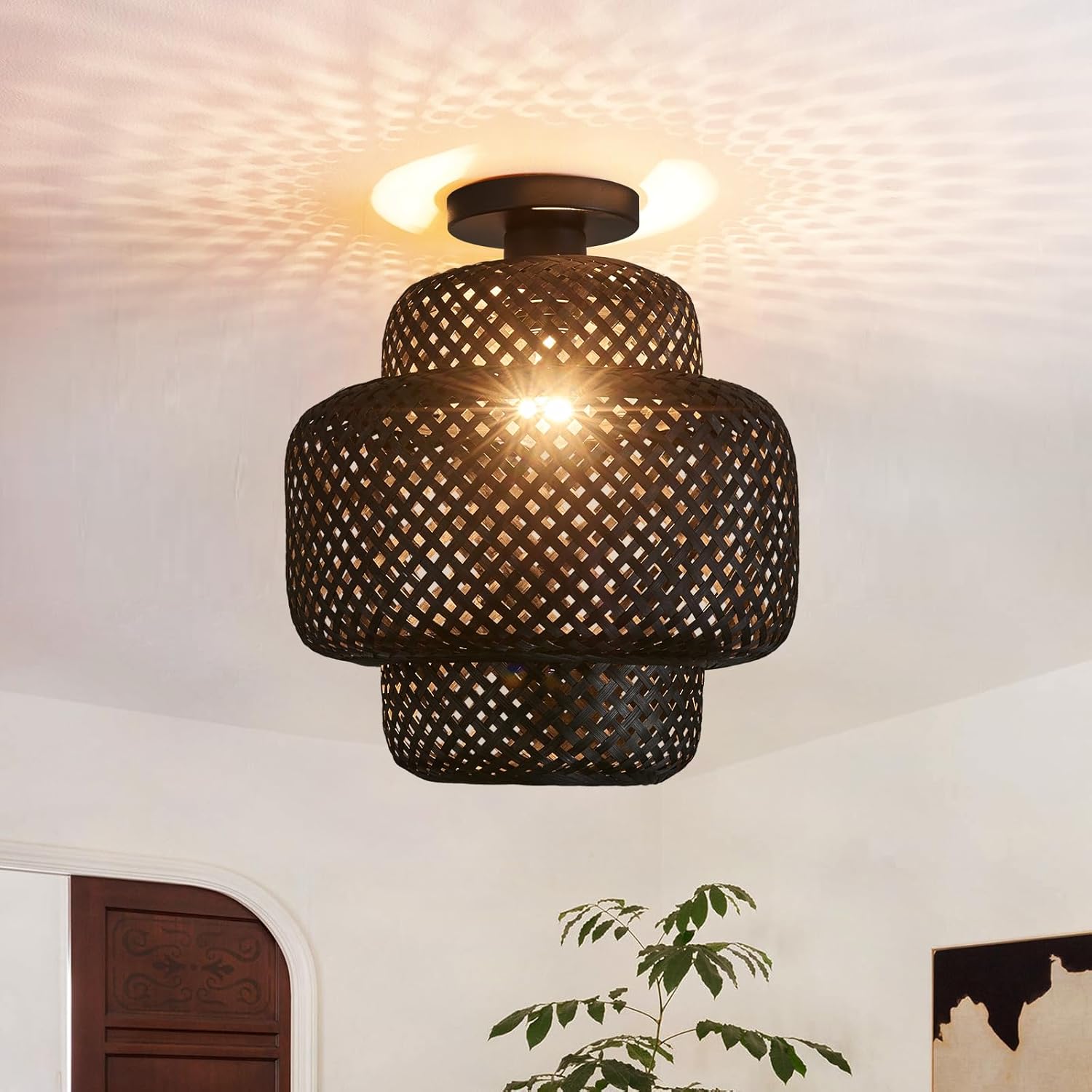 ZXFGNF Hand-Woven Rattan Semi Flush Mount Ceiling Light, Boho Light ...