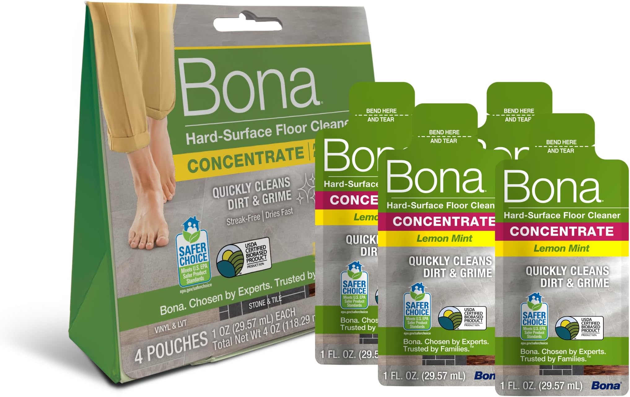 Bona Multi-Surface Floor Cleaner Concentrate, Lemon Mint Scent, 1 fl oz, Pack of 4 (Makes 128 fl oz) Spray Mop and Spray Bottle Refill – For Use on Stone, Tile, Laminate, and Vinyl Floors