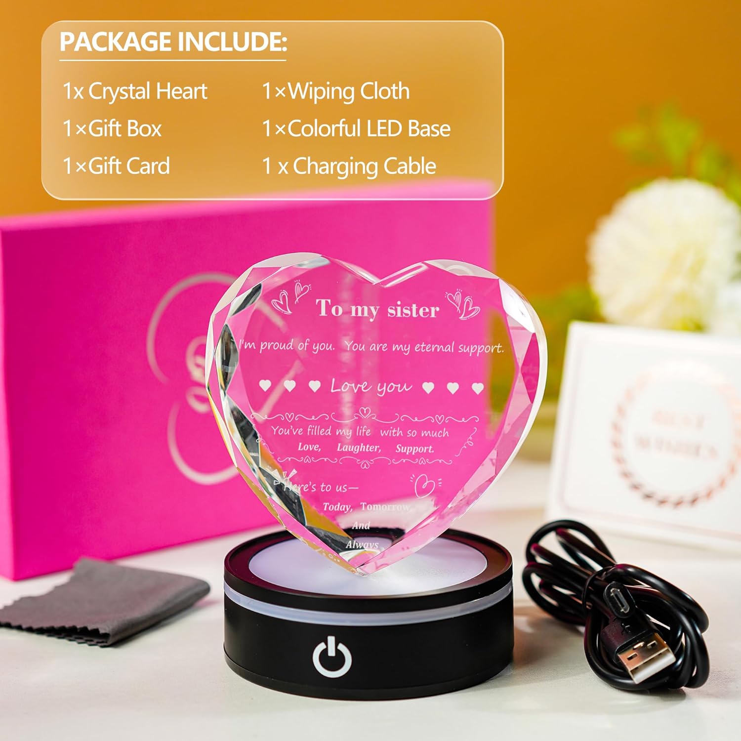 Sister Birthday Gifts 3D Crystal Heart Night Light Keepsake Valentines Gifts for Sister, Women, Girls - Image 4