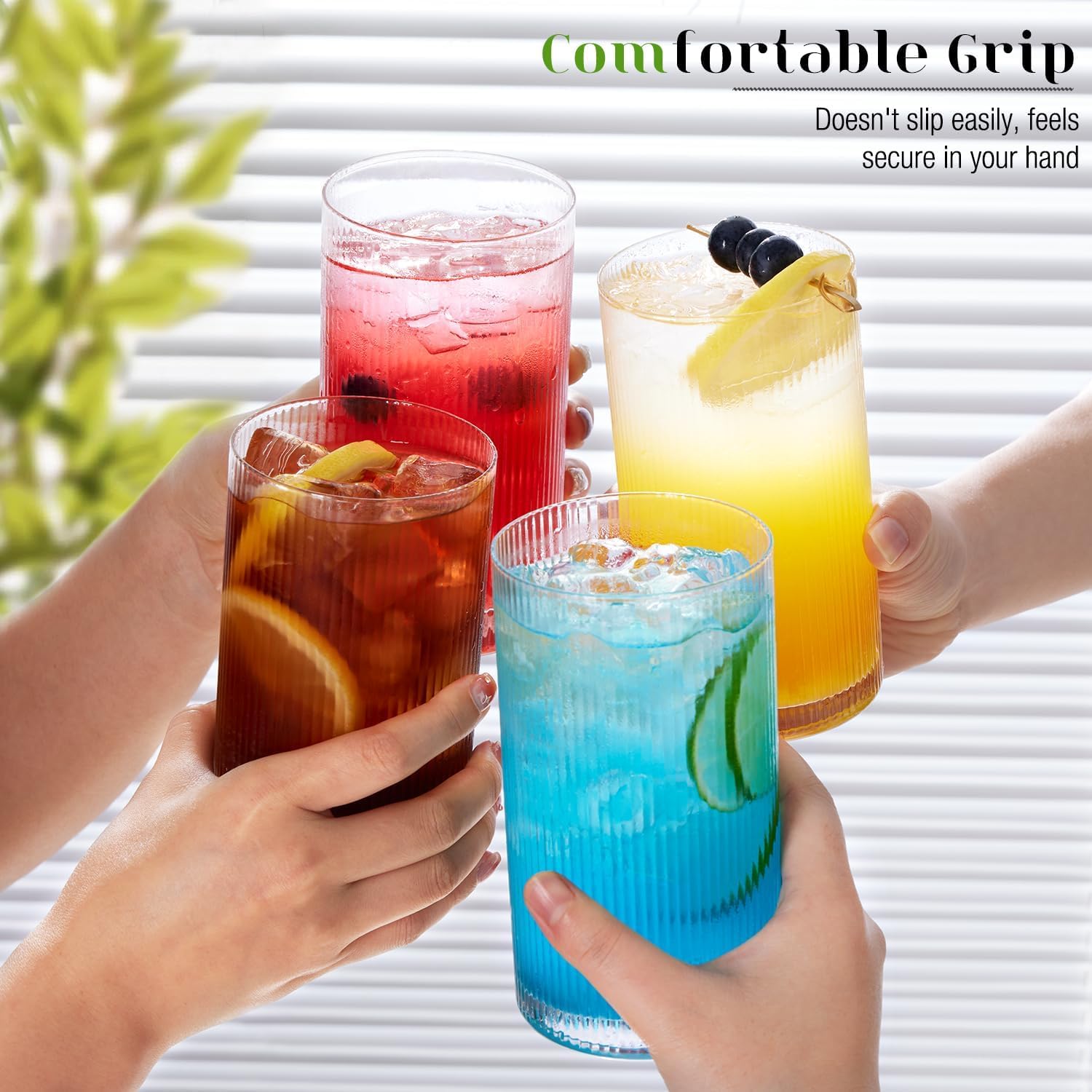 LUNA & MANTHA Ribbed Glasses Drinking Set of 8-17oz Large Capacity Highball Glasses, 12oz Rocks Glass Cups, Vintage Cocktail Glasses, Ideal for, Water, Ice Coffee Cup, Whiskey, Mixed Drinkware