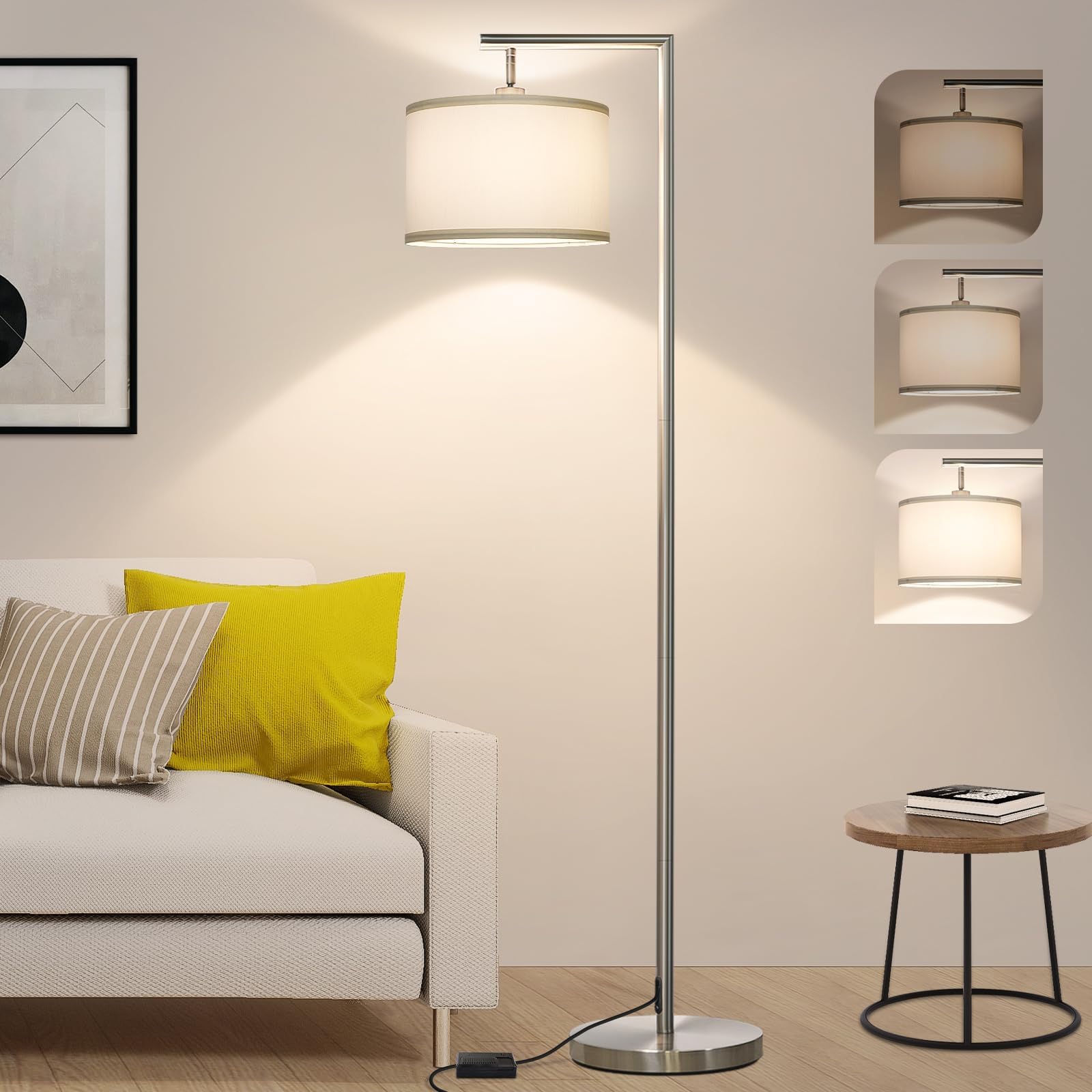 Dimmable Silver Floor Lamp, Brushed Nickel Floor Lamps for Living Room with Adjustable White Shade, Tall Standing Lamp Modern Reading Light for Bedroom Office Nursery, 9W LED Bulb Included