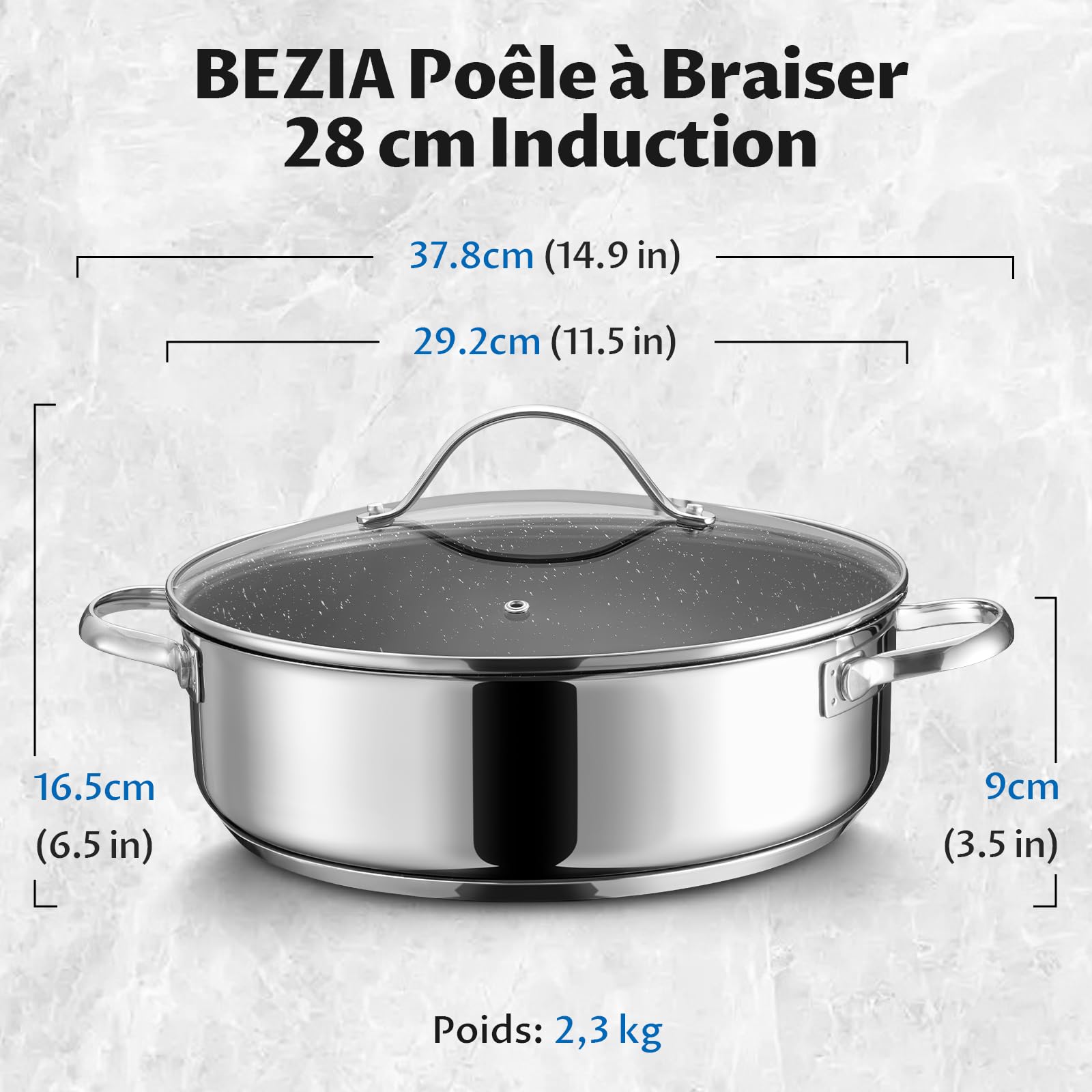BEZIA Sauteuse Basse en Inox 18/10 de 28 cm | Faitout Bas avec Couvercle 5,1 L | Plat à Sauter Revêtement Antiadhésif Effet Pierre, Poêle de Service Tous Feux dont Induction, Résistant au Oven