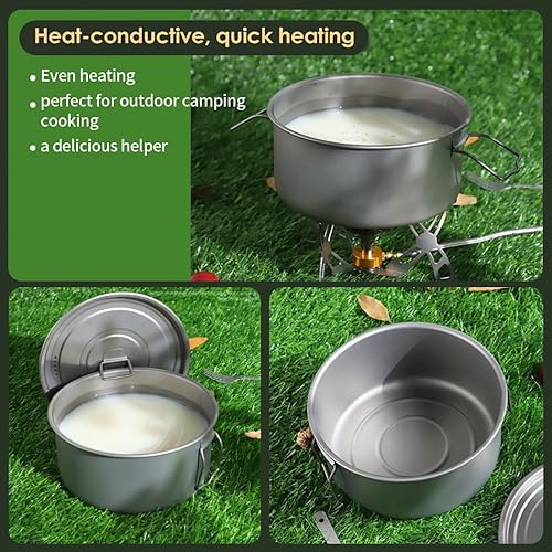 Miniatura 6 de BY-J Juego de utensilios de cocina de titanio para camping, 74.4 fl oz+40.6 fl oz+23.7 fl oz de titanio con tapa y mango plegable, utensilios de
