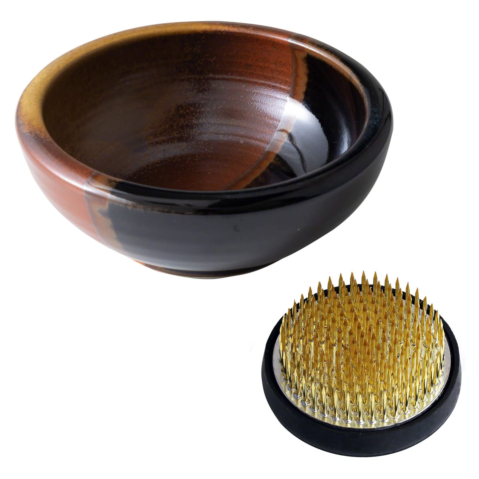 Wazakura Black & Red Vase + 61Mm Brass Kenzan Minoyaki Series Japanese Ikebana Essential Tool Kit - Small Round Ceramic Flower Vase And Kenzan Pin Frog For Floral Arranging (Black & Red Vase + 61Mm Brass Kenzan)