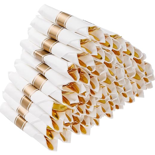 Goodluck 50 Pack Pre Rolled Gold Plastic Silverware, Wrapped Plastic Cutlery Set with Napkin Include 50 Forks, 50 Knives, 50 Spoons and 50 Napkins, Fancy Disposable Silverware for Party, Wedding