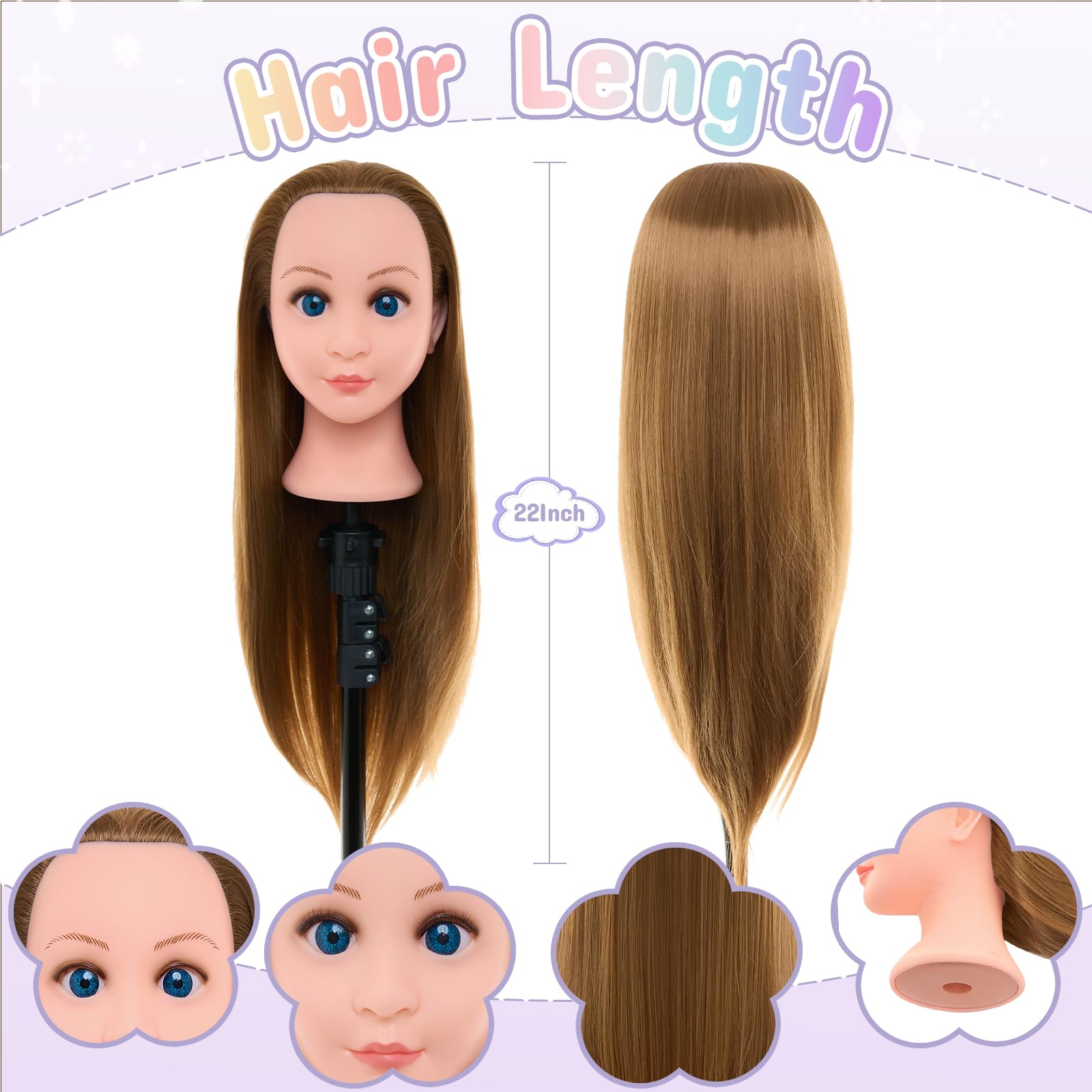 Neverland Beauty 22" Frisierkopf 60% Echthaar Übungskopf - Puppenkopf zum Frisieren Trainingskopf für Friseure mit Klemme und DIY Haare Frisuren Set