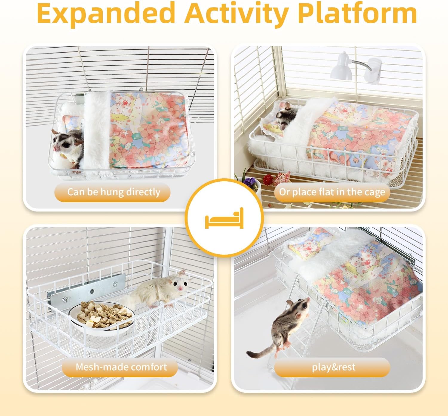 Sugar Glider Hammock Bed & Activity Platform - Versatile 2-in-1 Cage Accessories with Removable Bed, Sturdy Chew Proof Metal Frame for Small Pets (Medium, Cartoon)