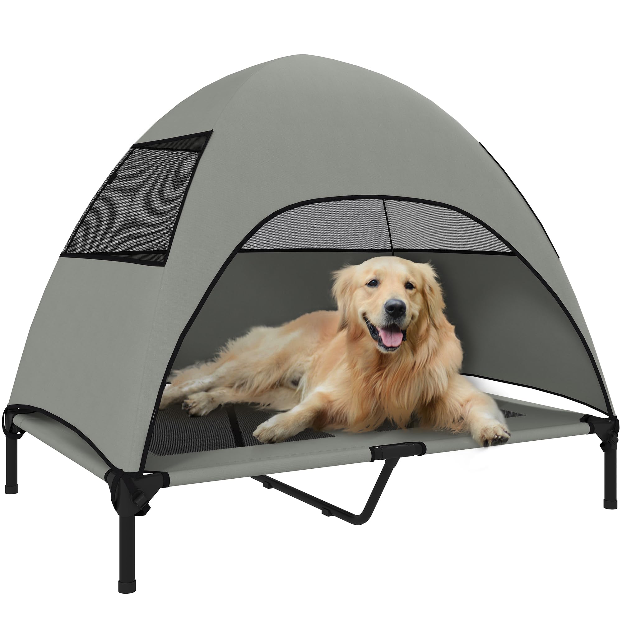 PawHut Tumbona para perros para exteriores con techo, cama elevada para perros grandes, cama para mascotas con marco de acero de malla lavable, bolsa de transporte, cama para mascotas para exteriores